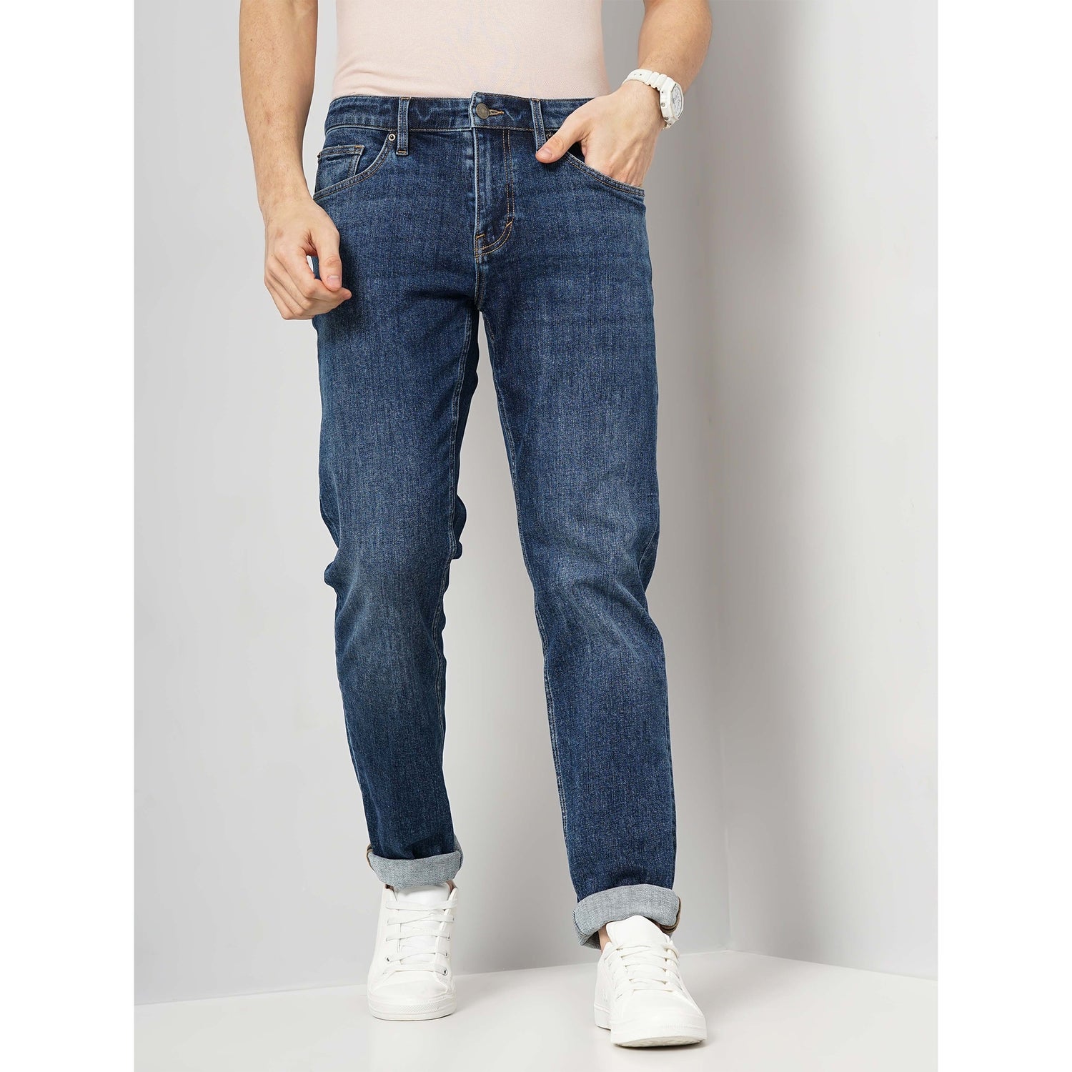 Men Blue Solid Straight Fit Cotton Twill Denim Jeans (STRAIGHT3L)