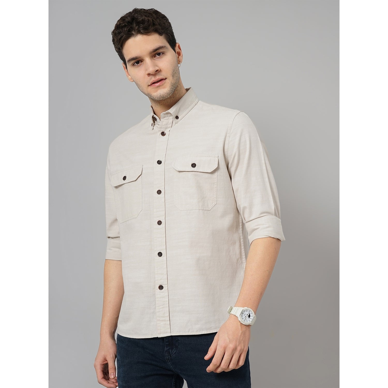 Men Beige Solid Regular Fit Cotton Casual Shirt (GANA)