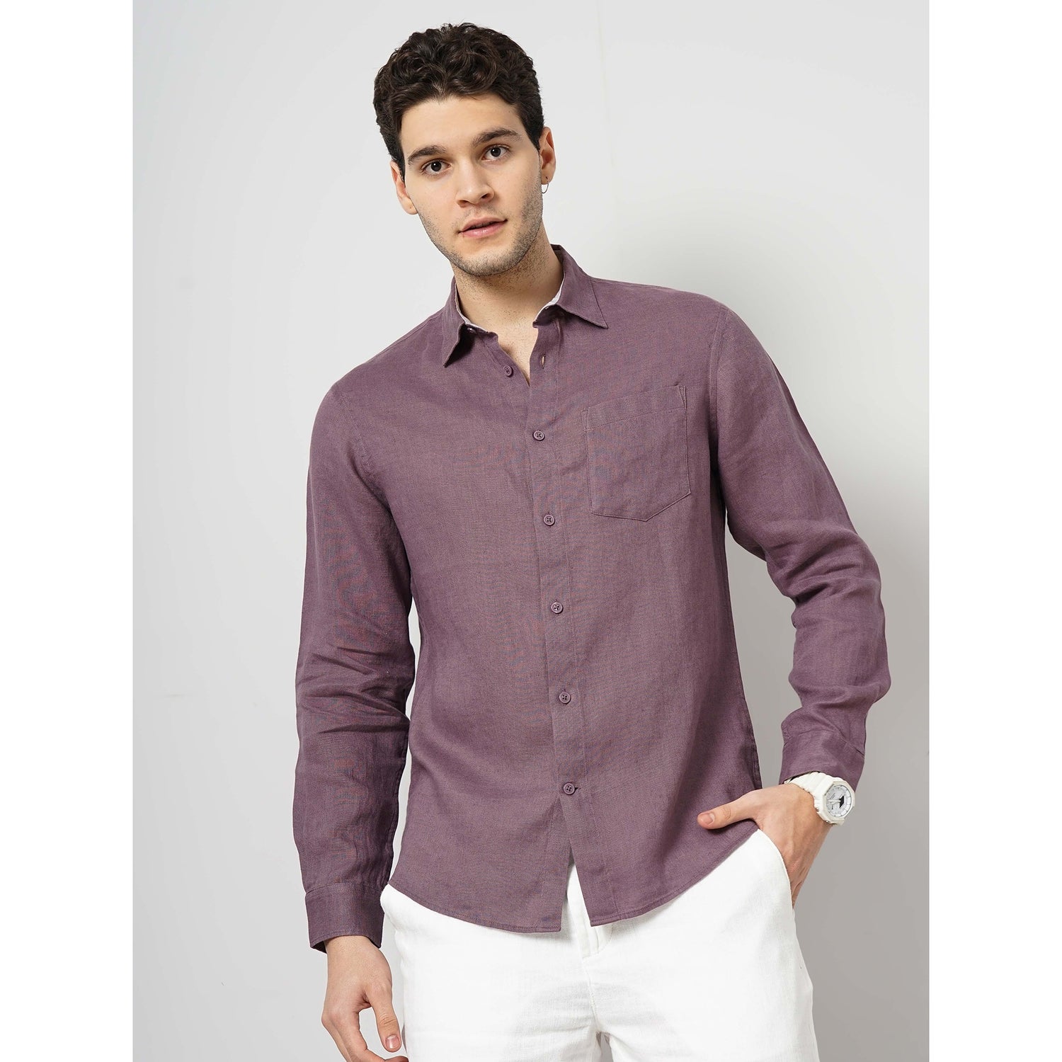 Men Purple Solid Regular Fit Linen Casual Shirt (GATALIN)