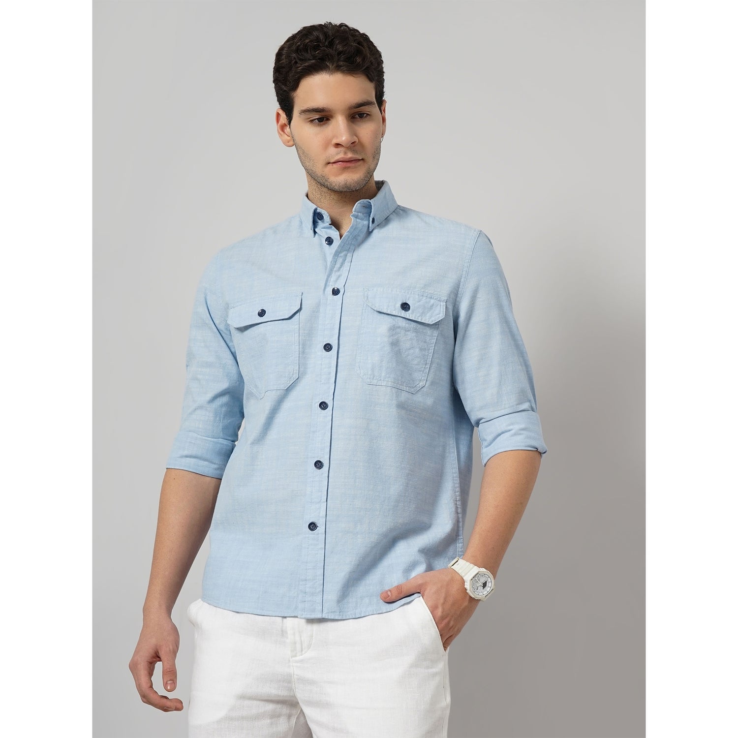 Men Blue Solid Regular Fit Cotton Casual Shirt (GANA)