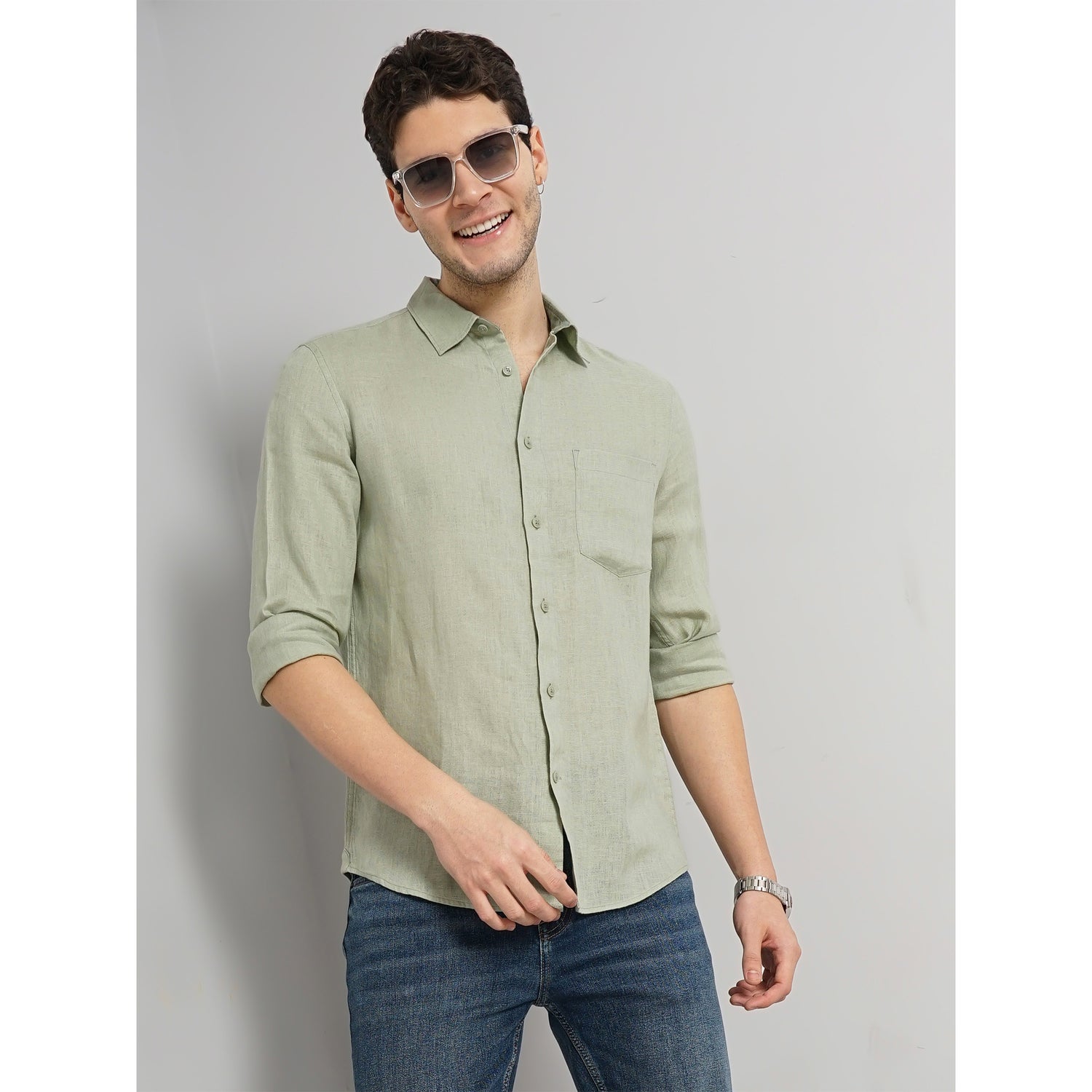 Men Green Solid Regular Fit Linen Casual Shirt (GATALIN)