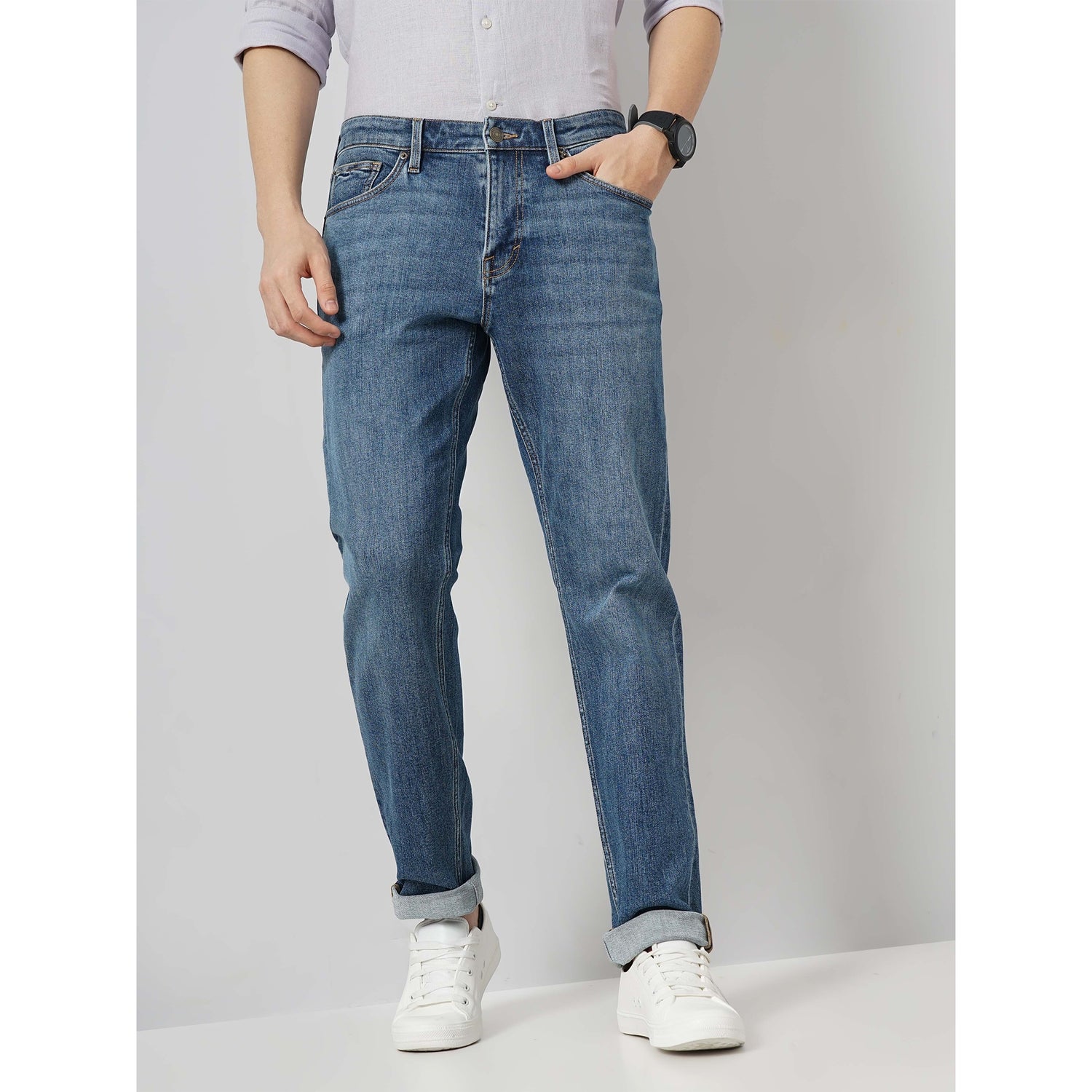 Men Blue Solid Straight Fit Cotton Twill Denim Jeans (STRAIGHT3L)