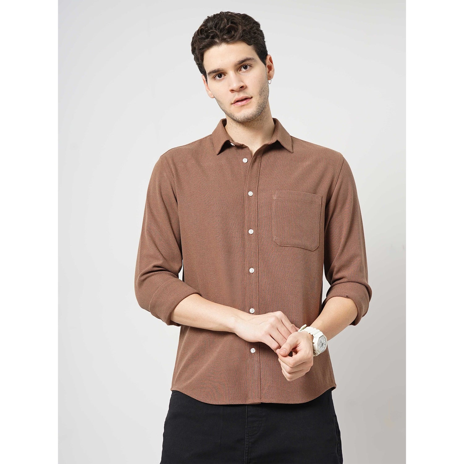 Men Brown Solid Regular Fit Polyester Overshirt Casual Shirt (GAROND)