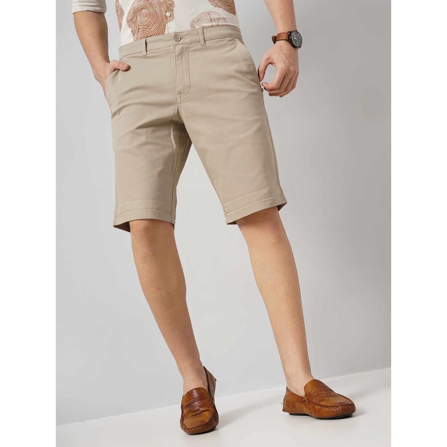 Men Beige Solid Loose Fit Cotton Chinos Casual Short (BOCHINOBM2)