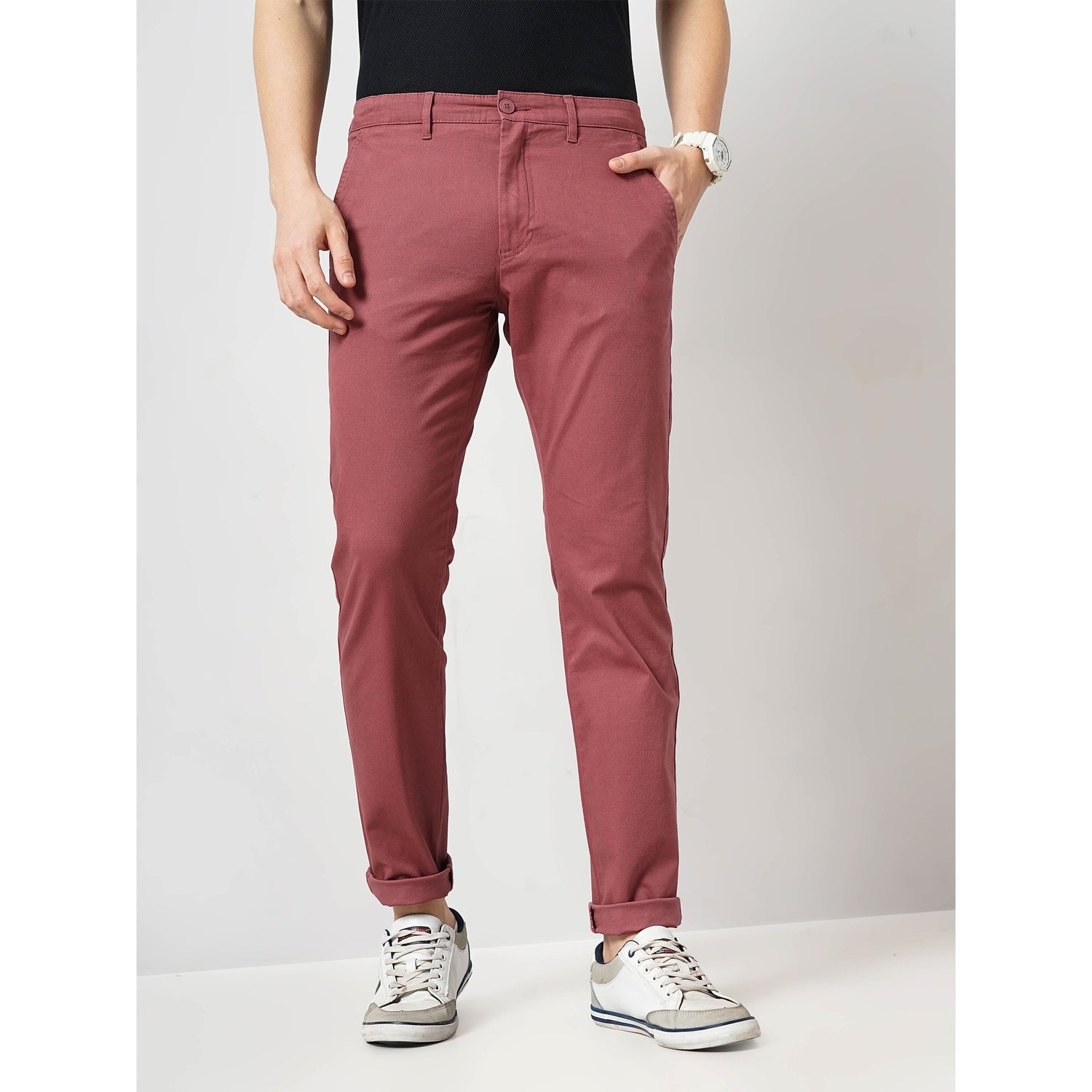 Men Maroon Solid Slim Fit Cotton Basic Chinos Casual Trousers (TOCHARLES1)
