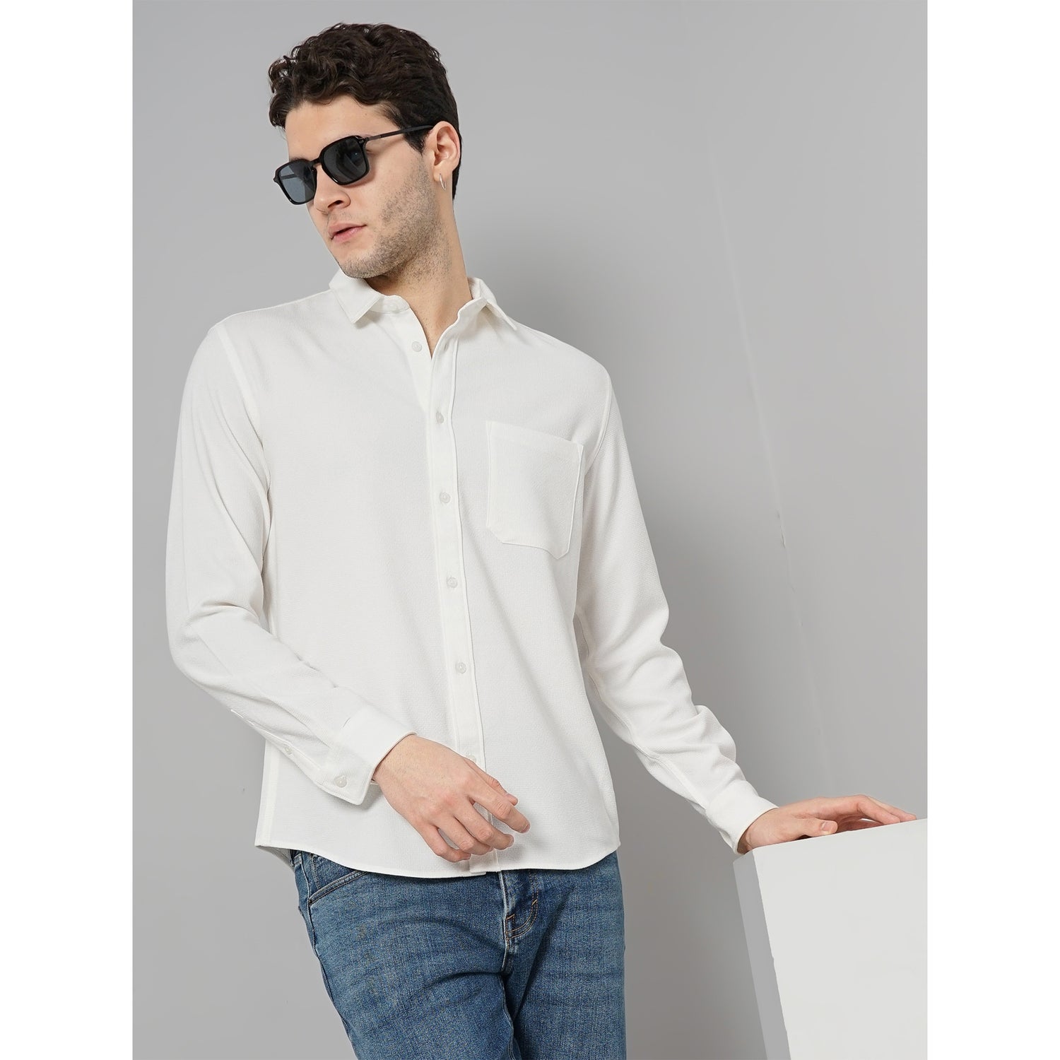 Men Off White Solid Regular Fit Polyester Overshirt Casual Shirt (GAROND)