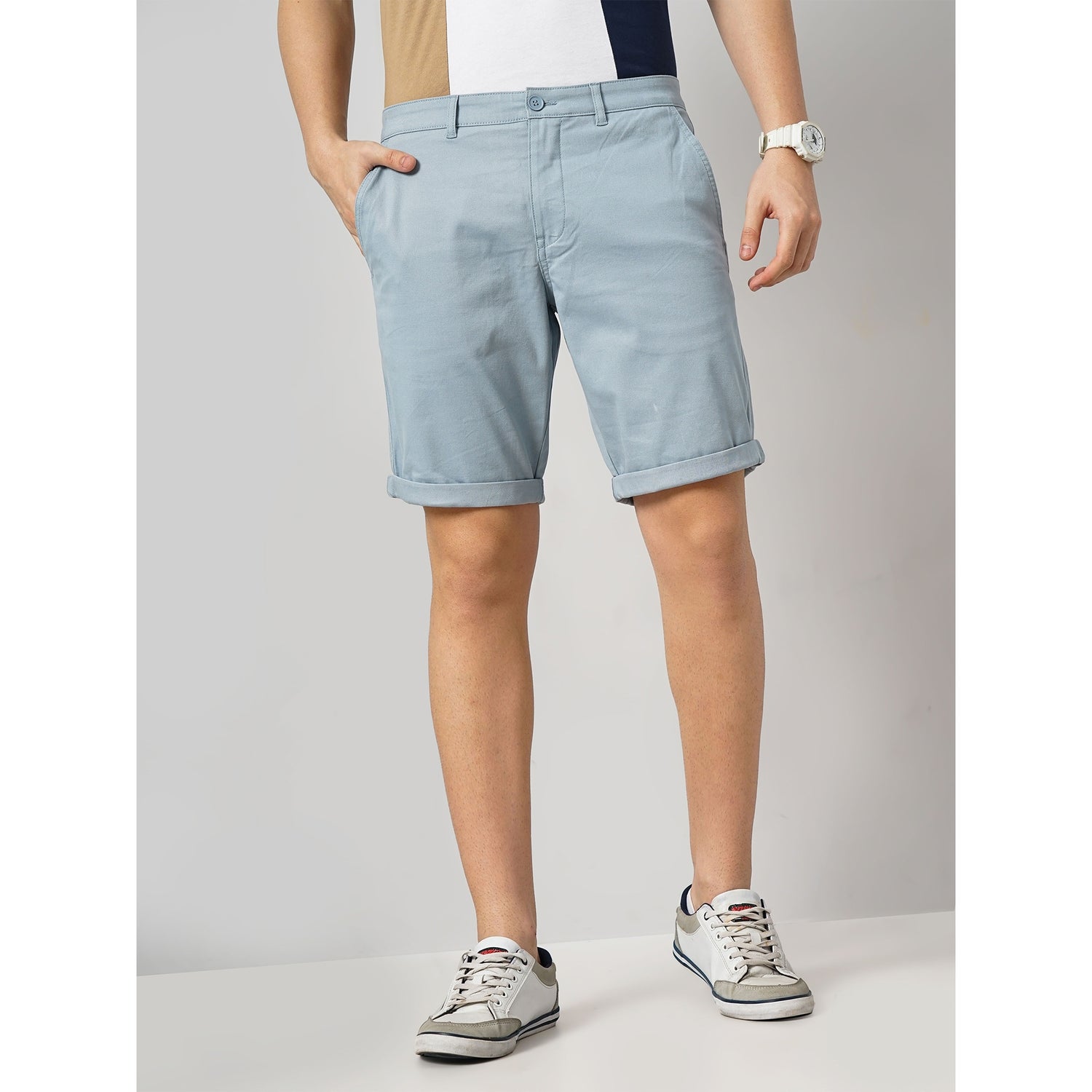 Men Blue Solid Loose Fit Cotton Chinos Casual Short (BOCHINOBM2)