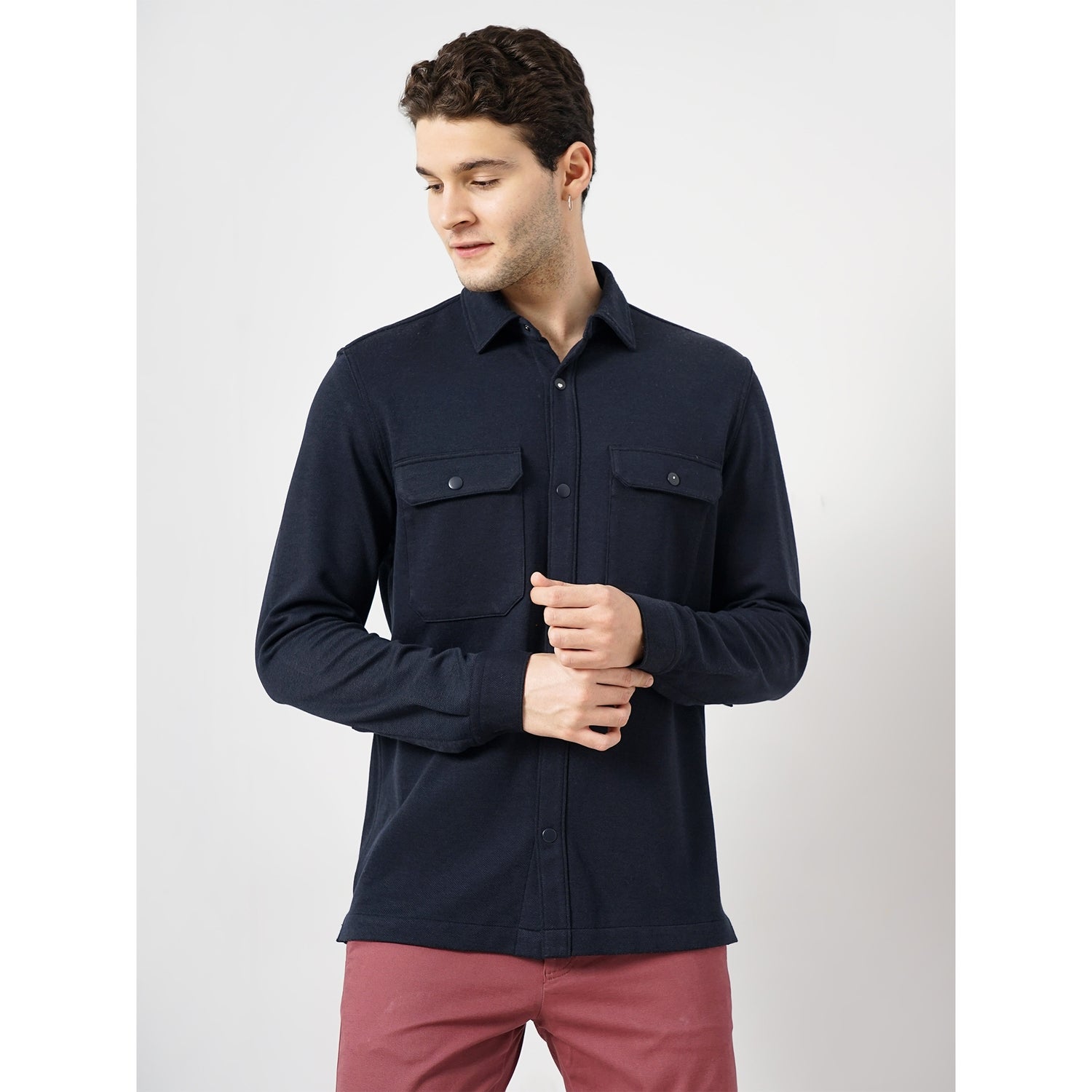 Men Navy Blue Solid Oversized Polyester Overshirt Casual Shirt (GASURTEXT)