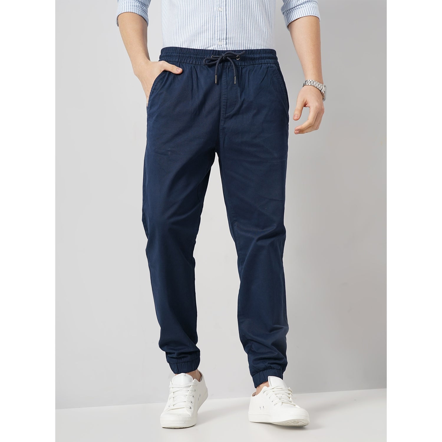Men Blue Solid Loose Fit Cotton Chinos Casual Trousers (FOPLANE1)