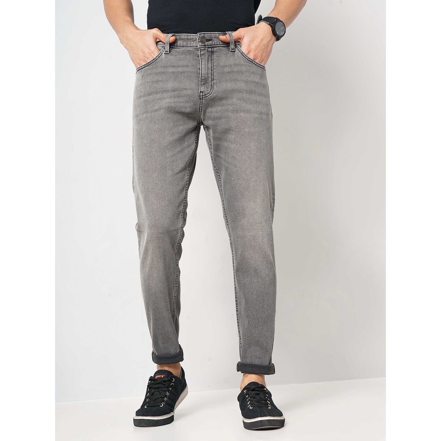 Men Grey Solid Skinny Fit Cotton Twill Denim Jeans (FOSKINNY01)