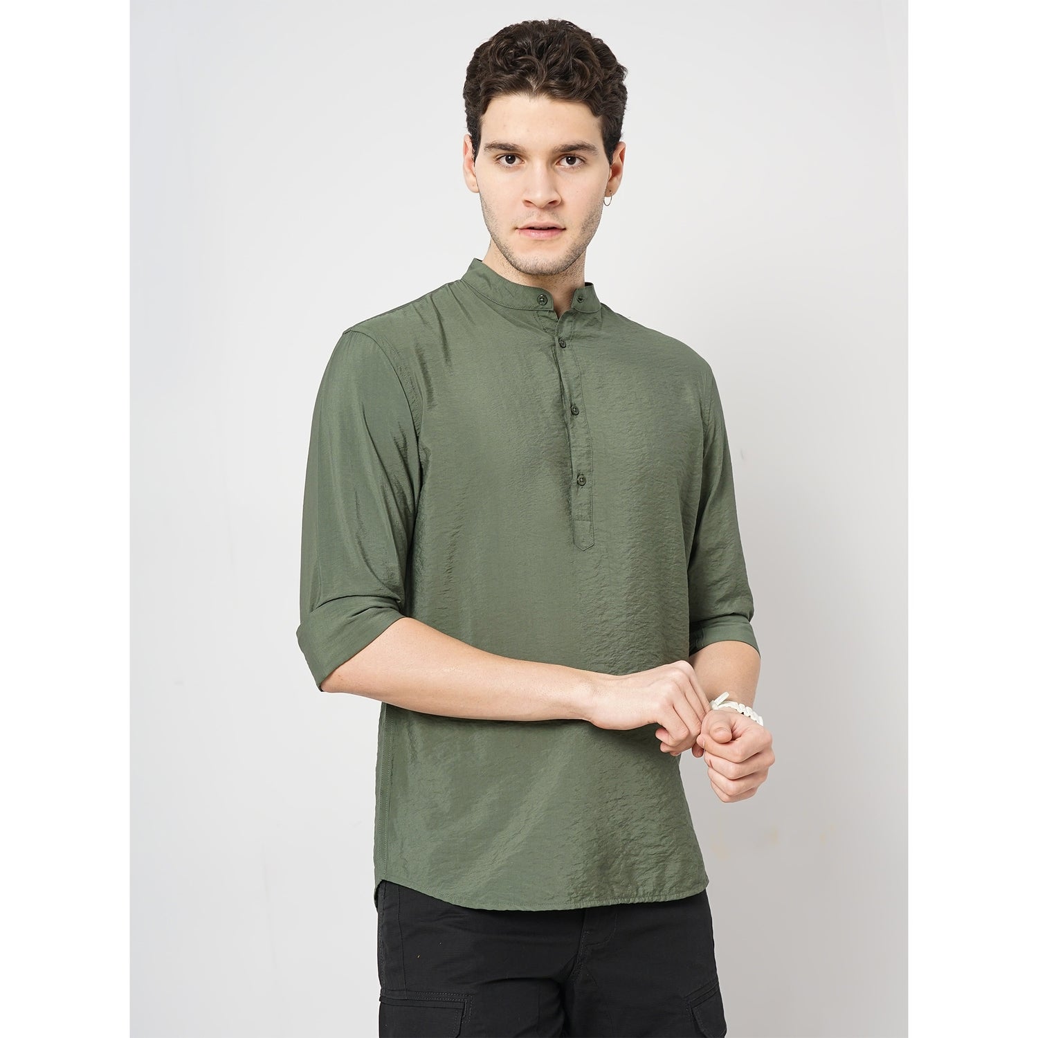 Men Olive Solid Regular Fit Viscose Rayon Contemporary Casual Shirt (FAVISCRI)