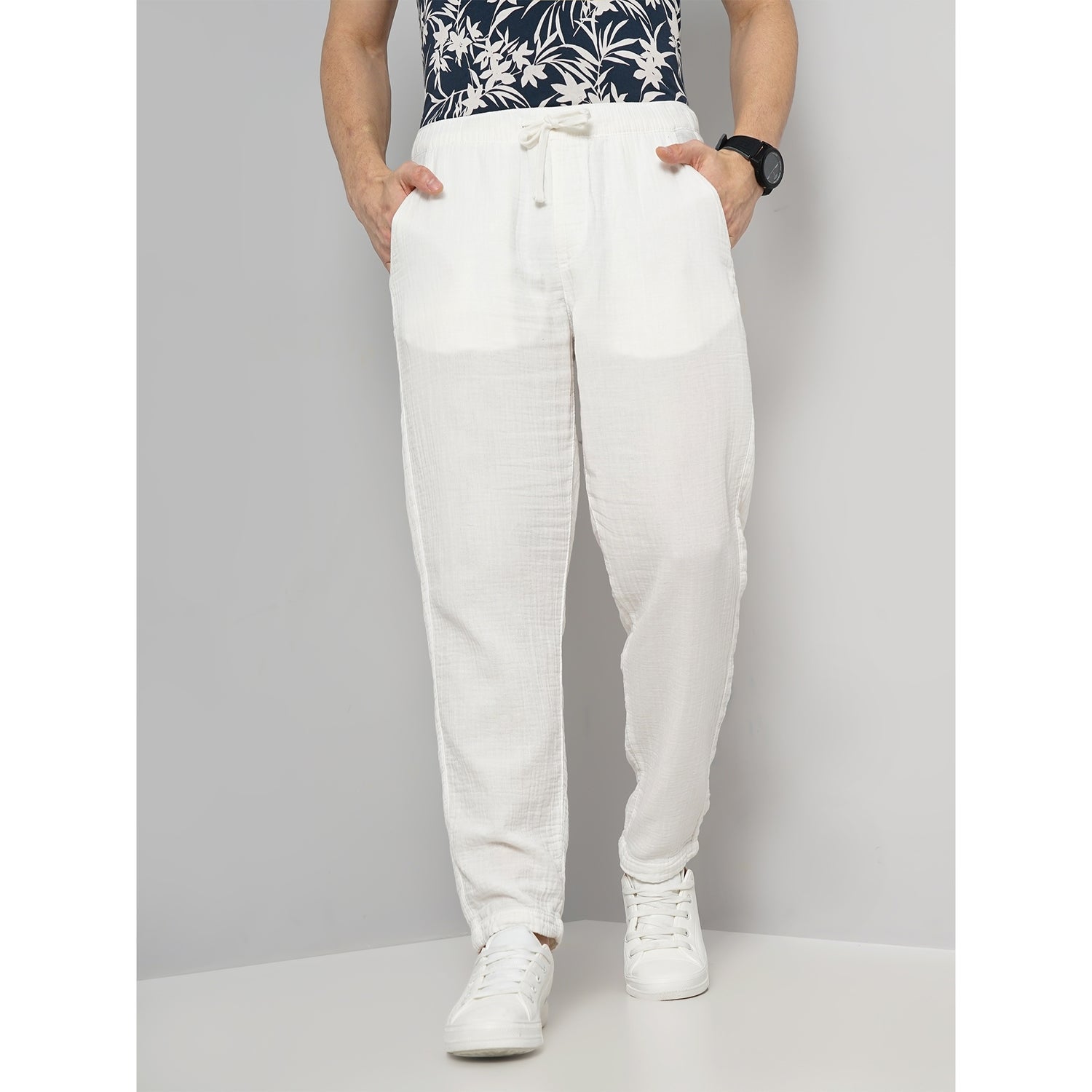 Men White Solid Slim Fit Double Cotton Cloth Fashion Pants Casual Trousers (GOBOGAZE)