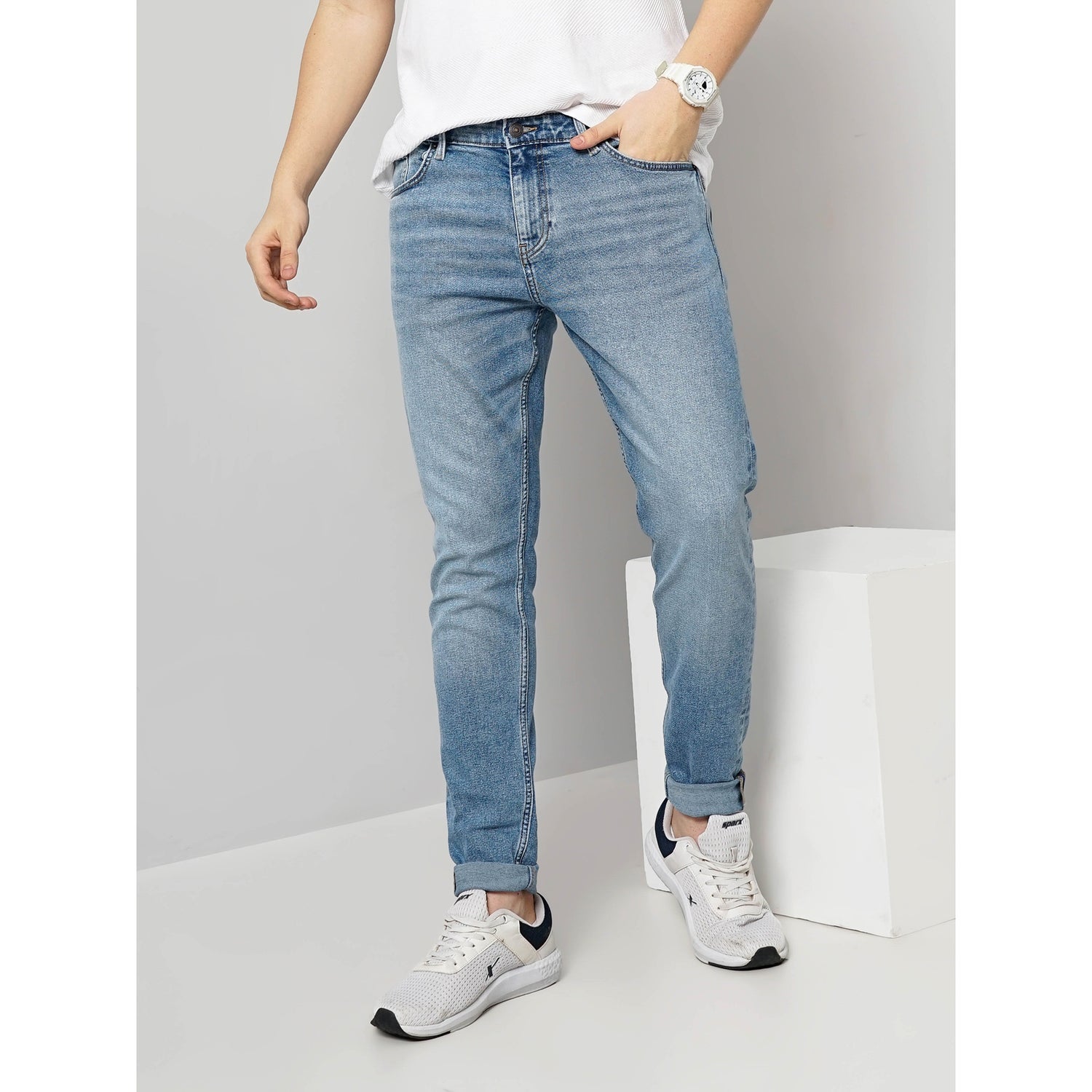 Men Blue Solid Skinny Fit Cotton Twill Denim Jeans (FOSKINNY1)