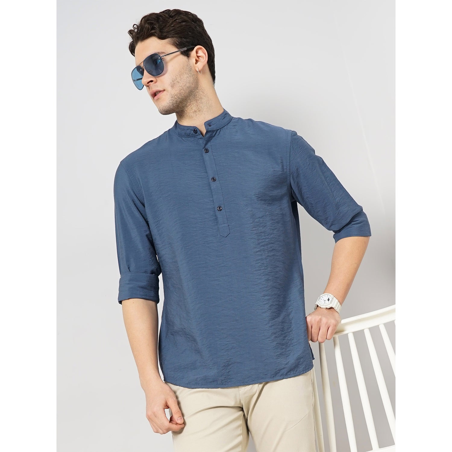 Men Blue Solid Regular Fit Viscose Rayon Contemporary Casual Shirt (FAVISCRI)