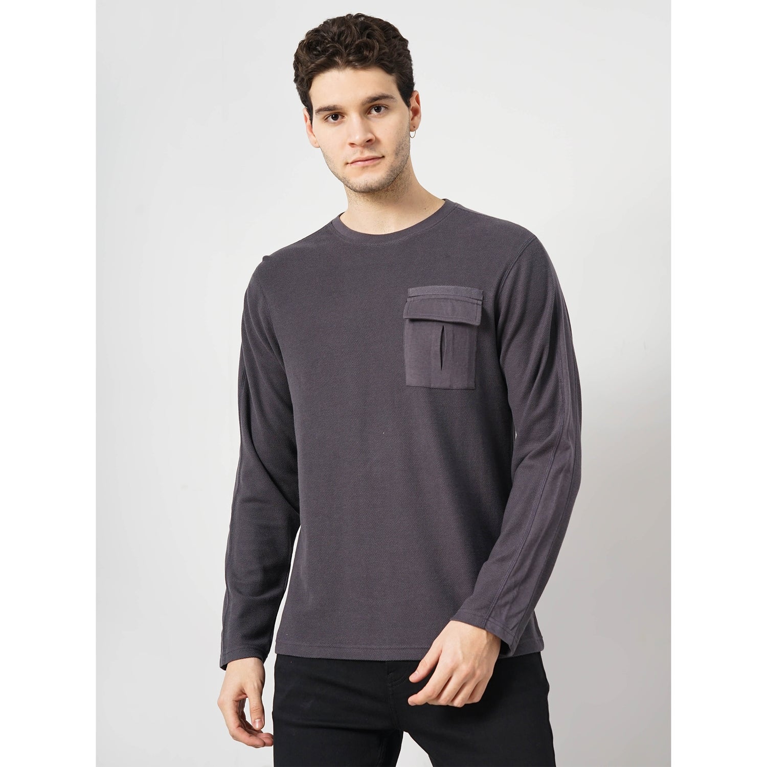 Men Grey Solid Regular Fit Fashion Cotton Textured Tshirt (GELONG)