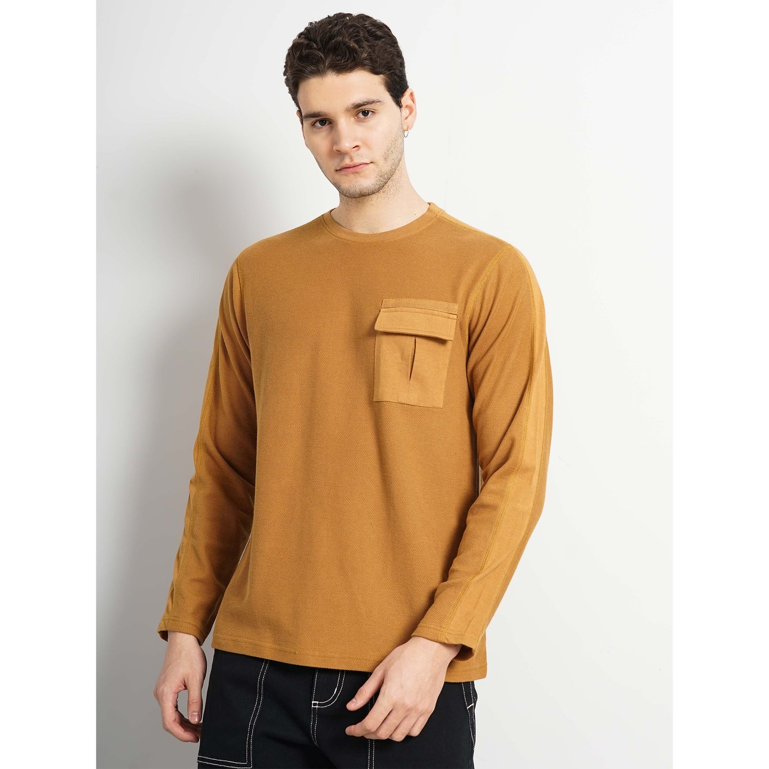 Men Brown Solid Regular Fit Fashion Cotton Textured Tshirt (GELONG)