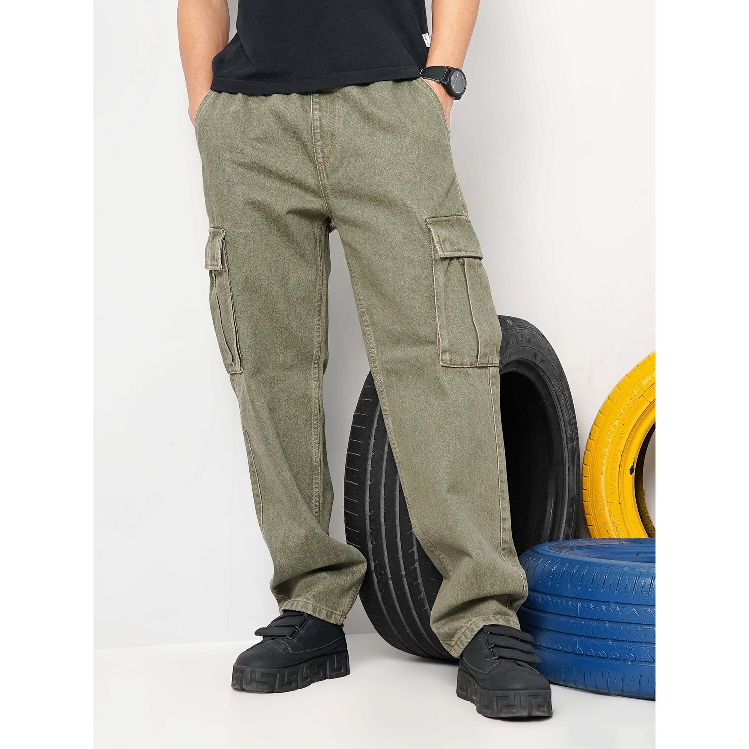 Men Green Solid Loose Fit Cotton Trendy Cargos (GOCARGO1)