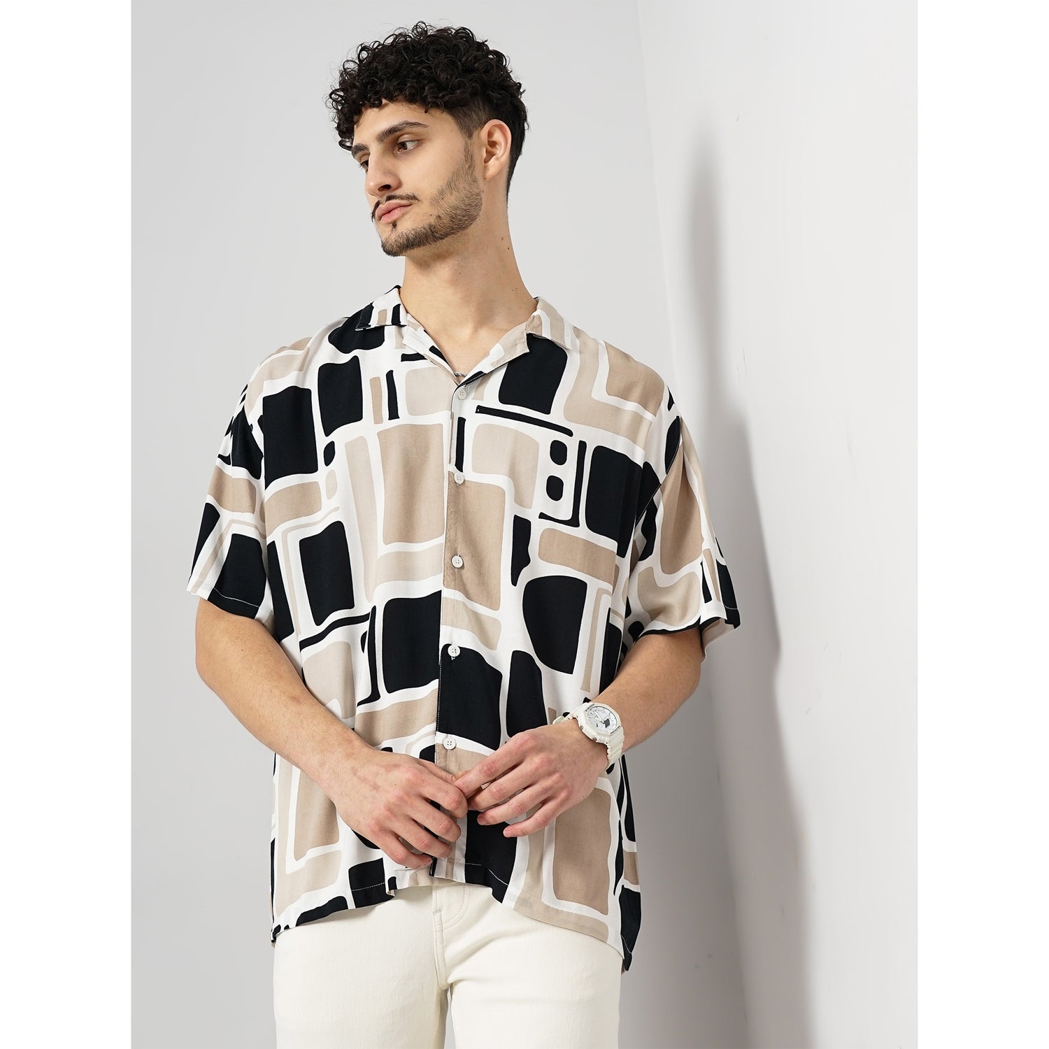 Men Beige Printed Regular Fit Viscose Rayon Soft Touch Casual Shirt (GABAVISPRI)
