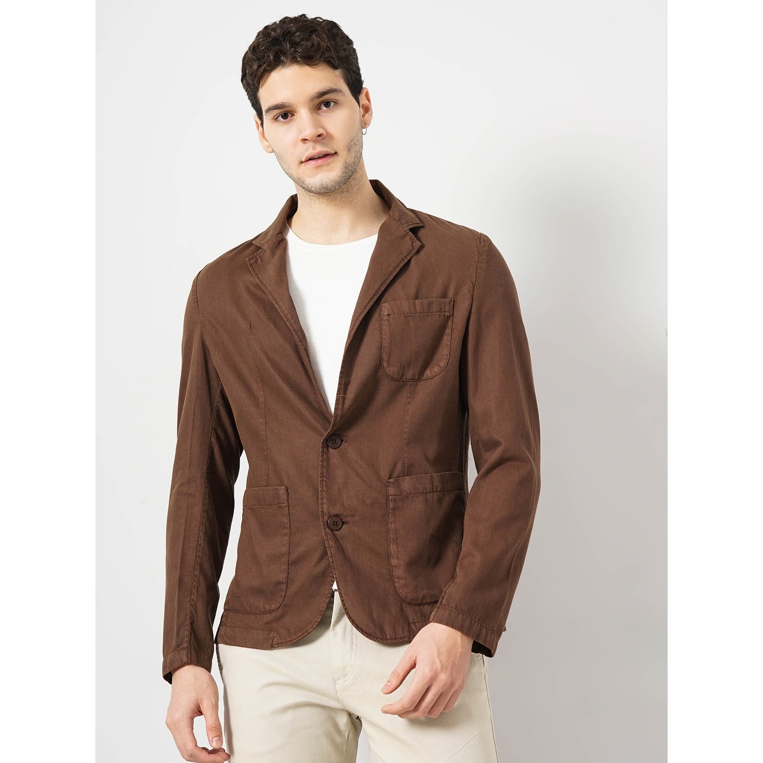 Men Brown Solid Lyocell Cotton Twill Casual Jacket (FUCOAT)