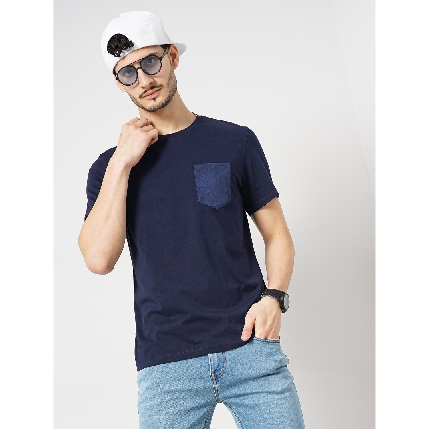 Men Navy Blue Solid Regular Fit Fashion Cotton Jersey Tshirt (GESUEDE)