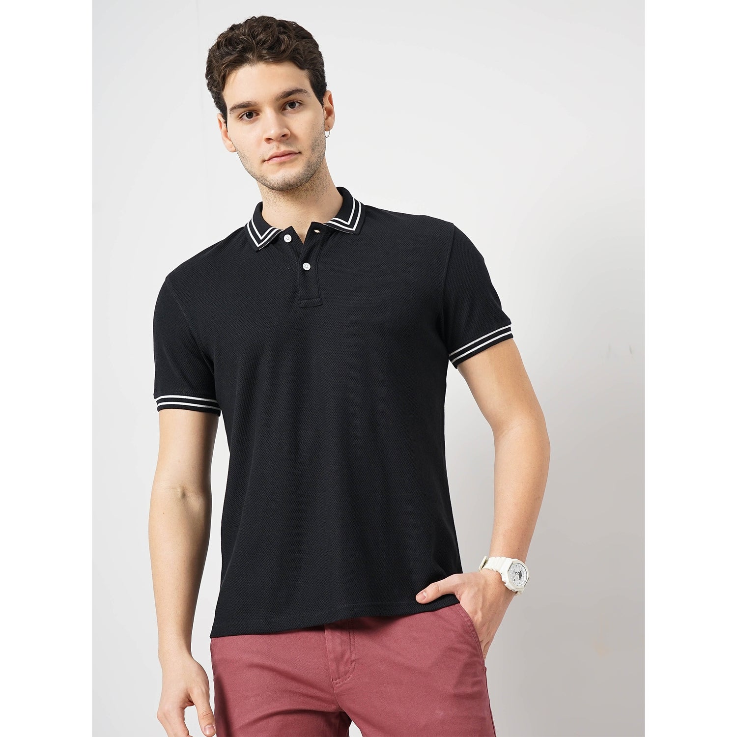 Men Black Solid Regular Fit Cotton Fashion Polo Tshirt (GETEX)