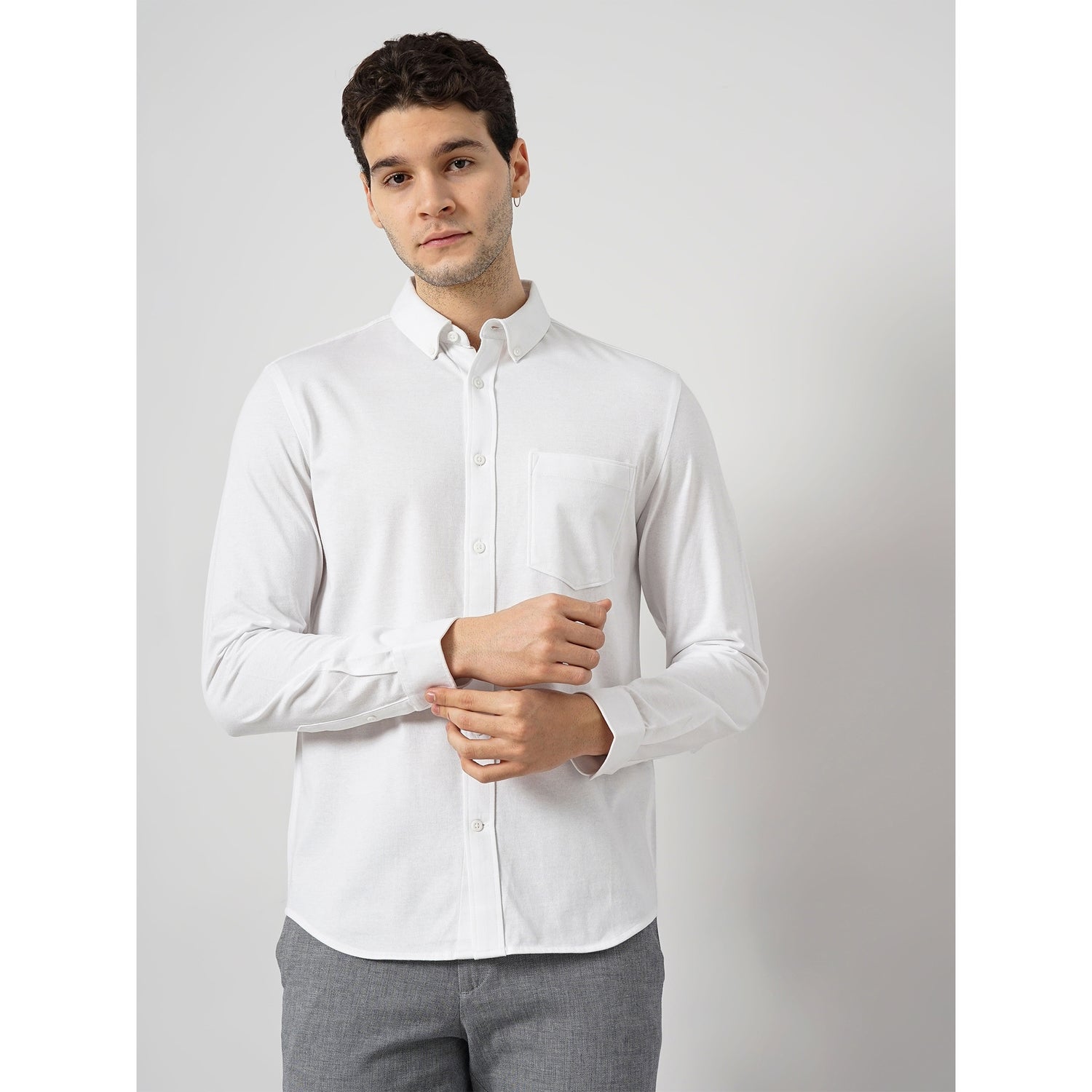Men White Solid Regular Fit Cotton Knitted Shirt Casual Shirt (BARIK)