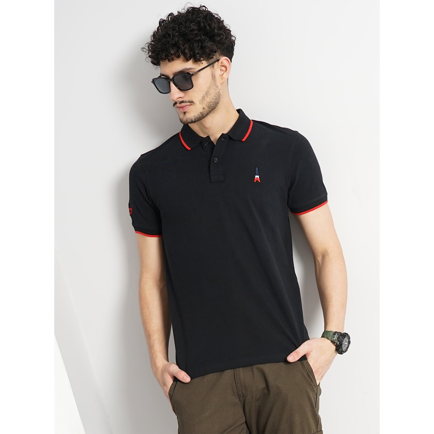 Men Black Solid Regular Fit Cotton Pique Basic Polo Tshirt (GEFRANCE1)