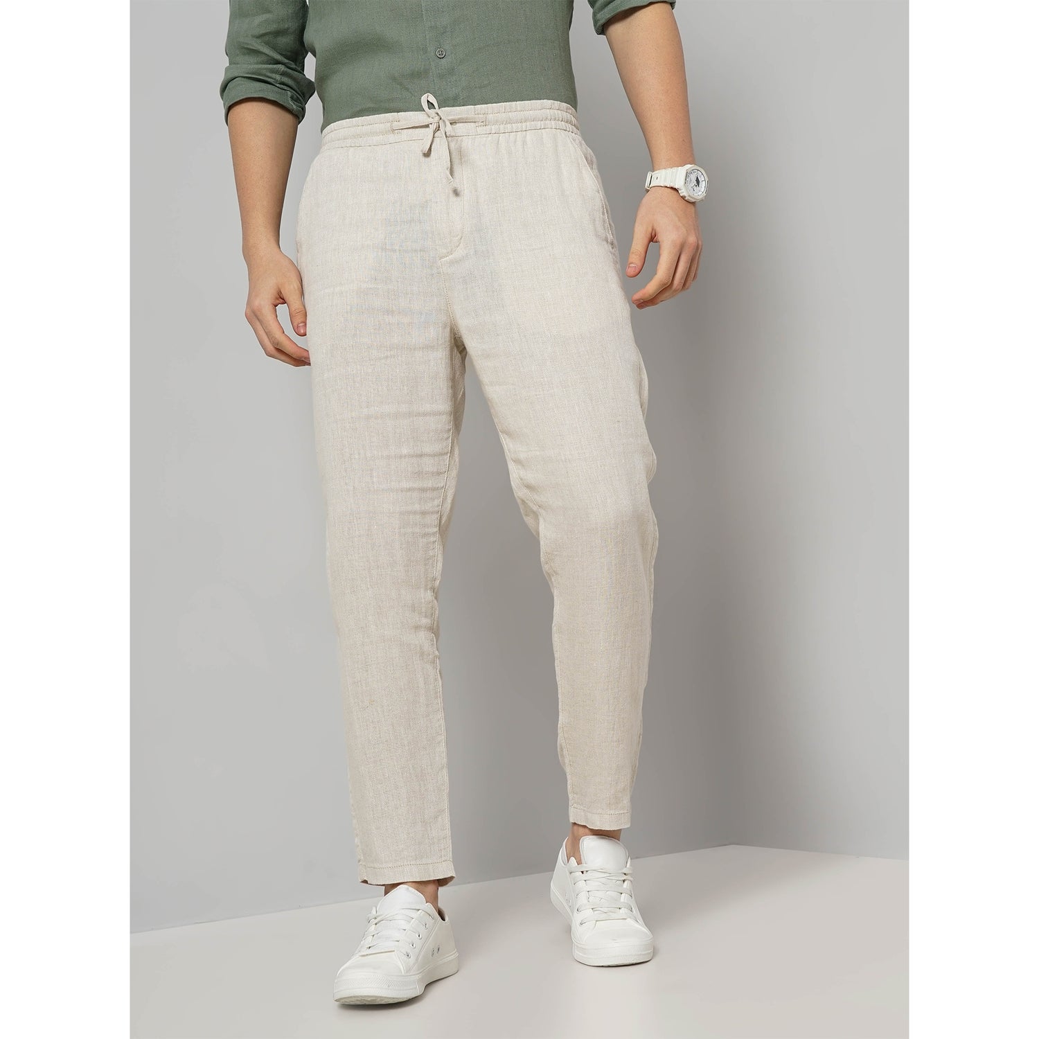 Men Off White Solid Regular Fit Linen Casual Trousers (DOLINUS)
