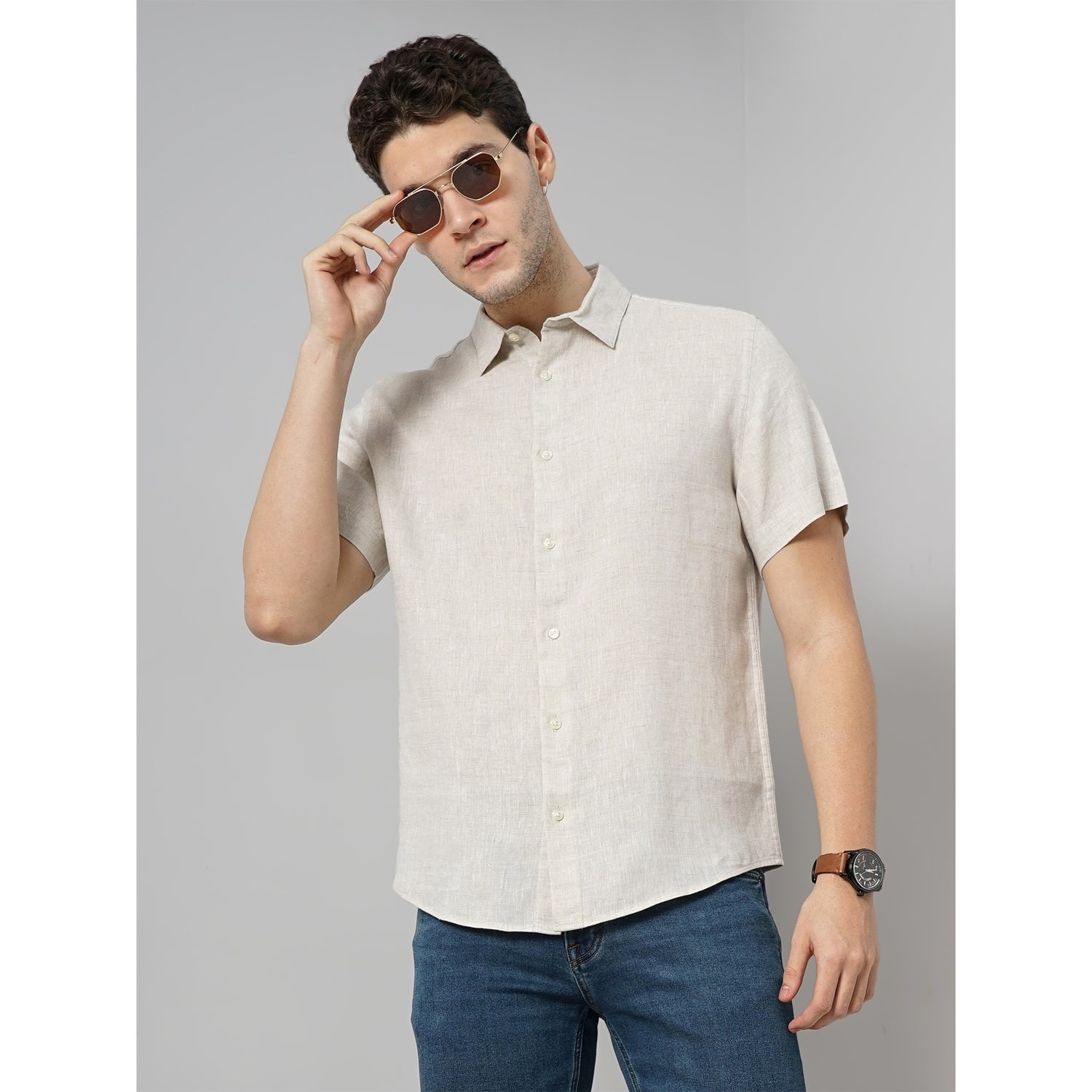 Men Off White Solid Regular Fit Linen Solid Casual Shirt (DAMARLININ)