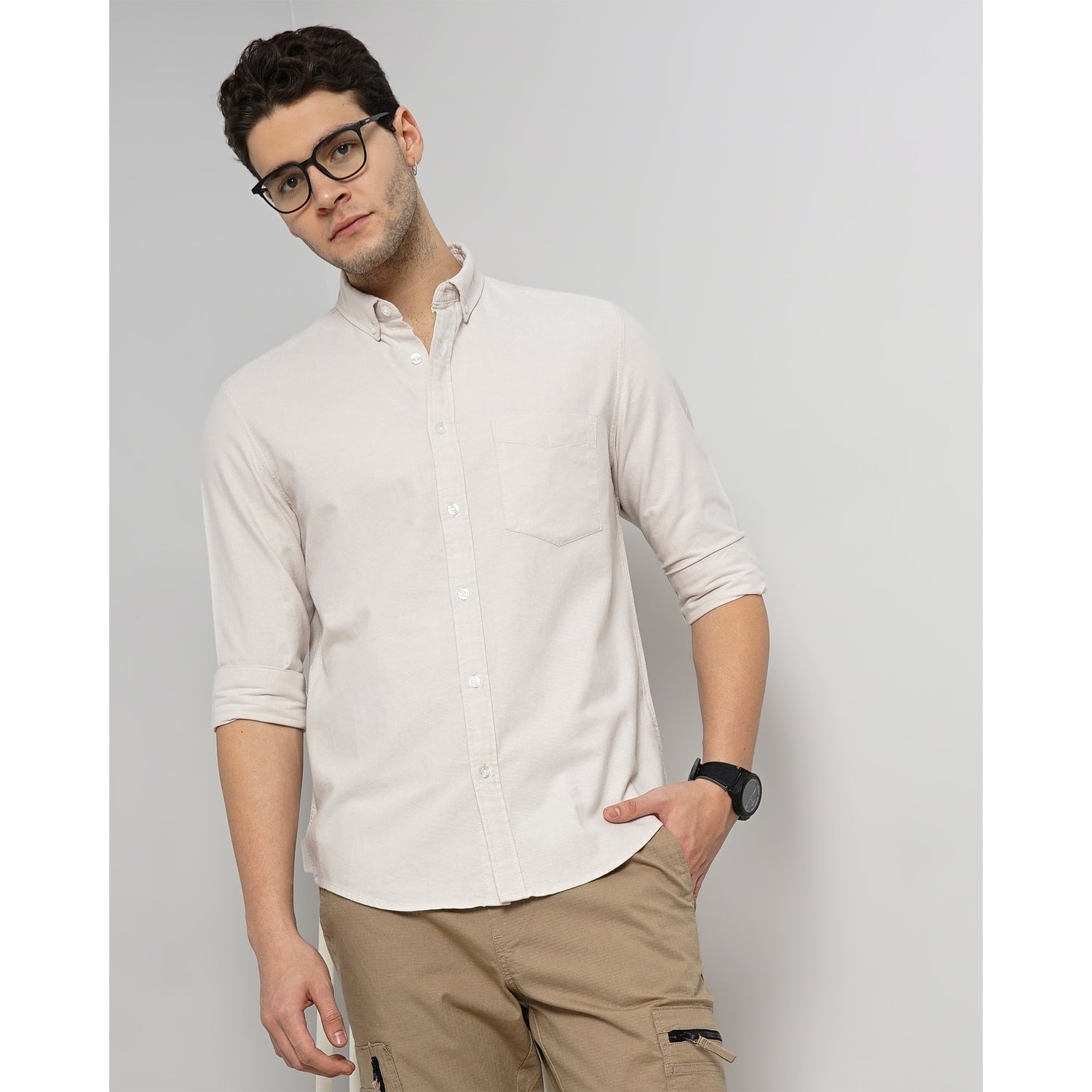 Men Beige Solid Regular Fit Cotton Hi Stake Social Oxford Casual Shirt (DAXFORD1)