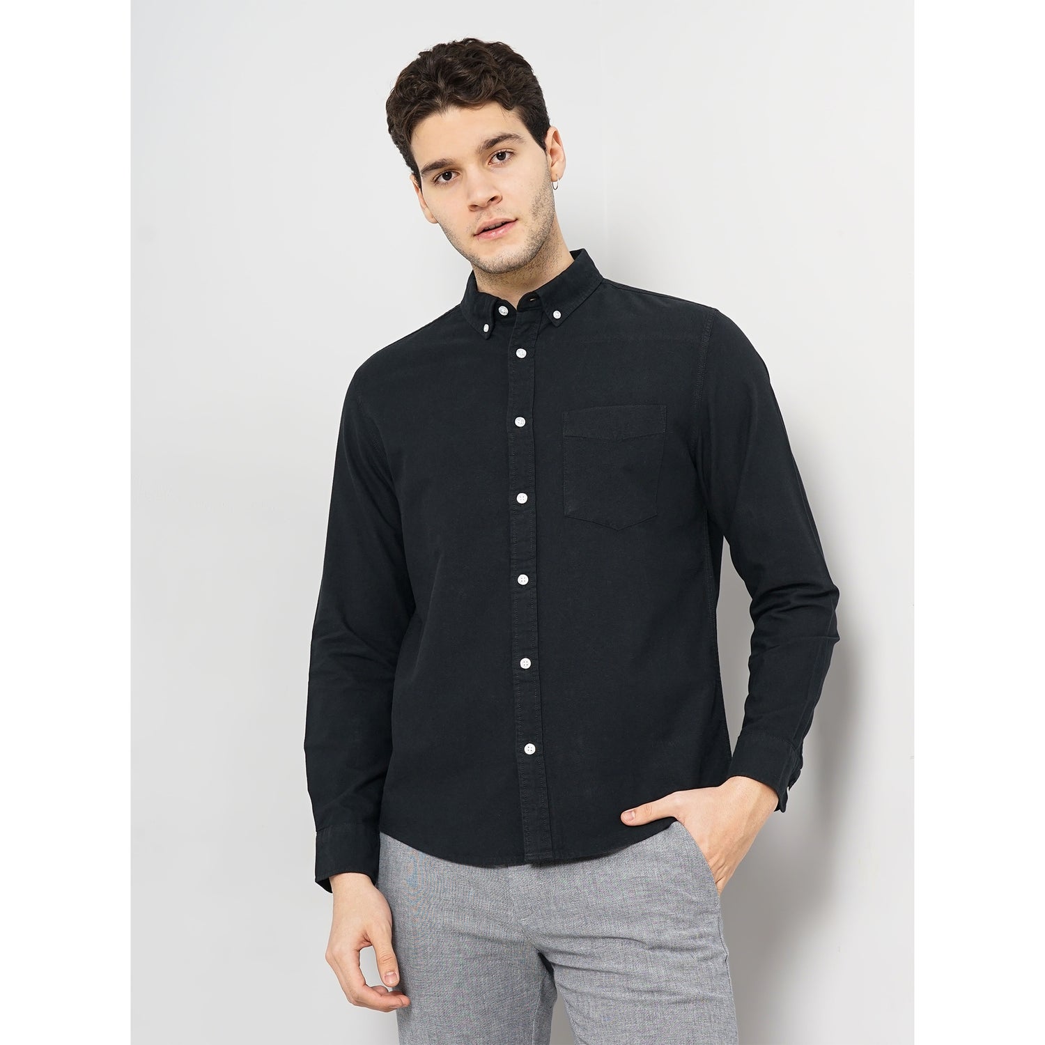 Men Black Solid Regular Fit Cotton Hi Stake Social Oxford Casual Shirt (DAXFORD1)