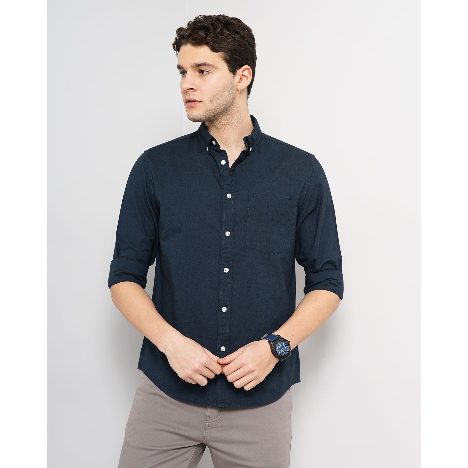 Men Navy Blue Solid Regular Fit Cotton Hi Stake Social Oxford Casual Shirt (DAXFORD1)