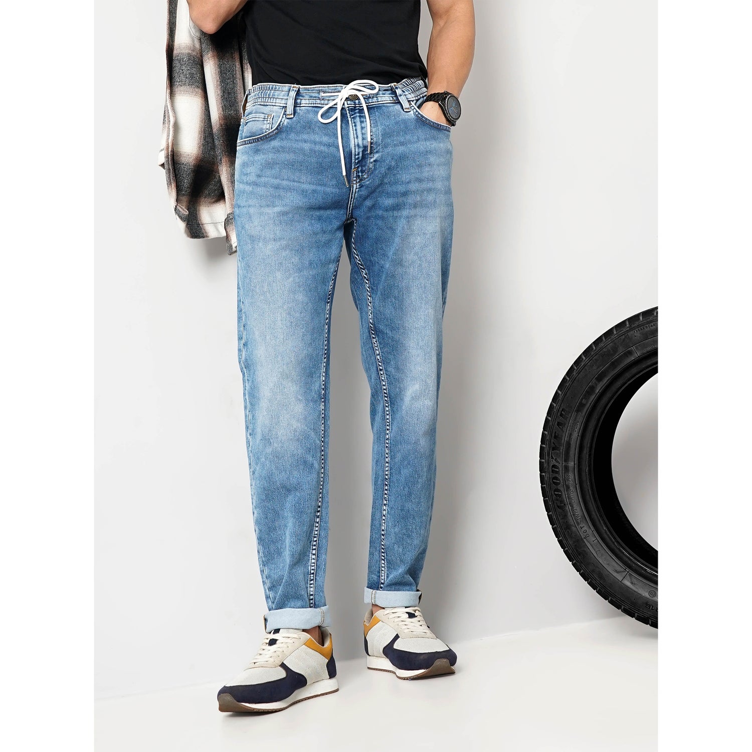 Men's Blue Solid Slim Fit Cotton Jeans (GOSUPER)