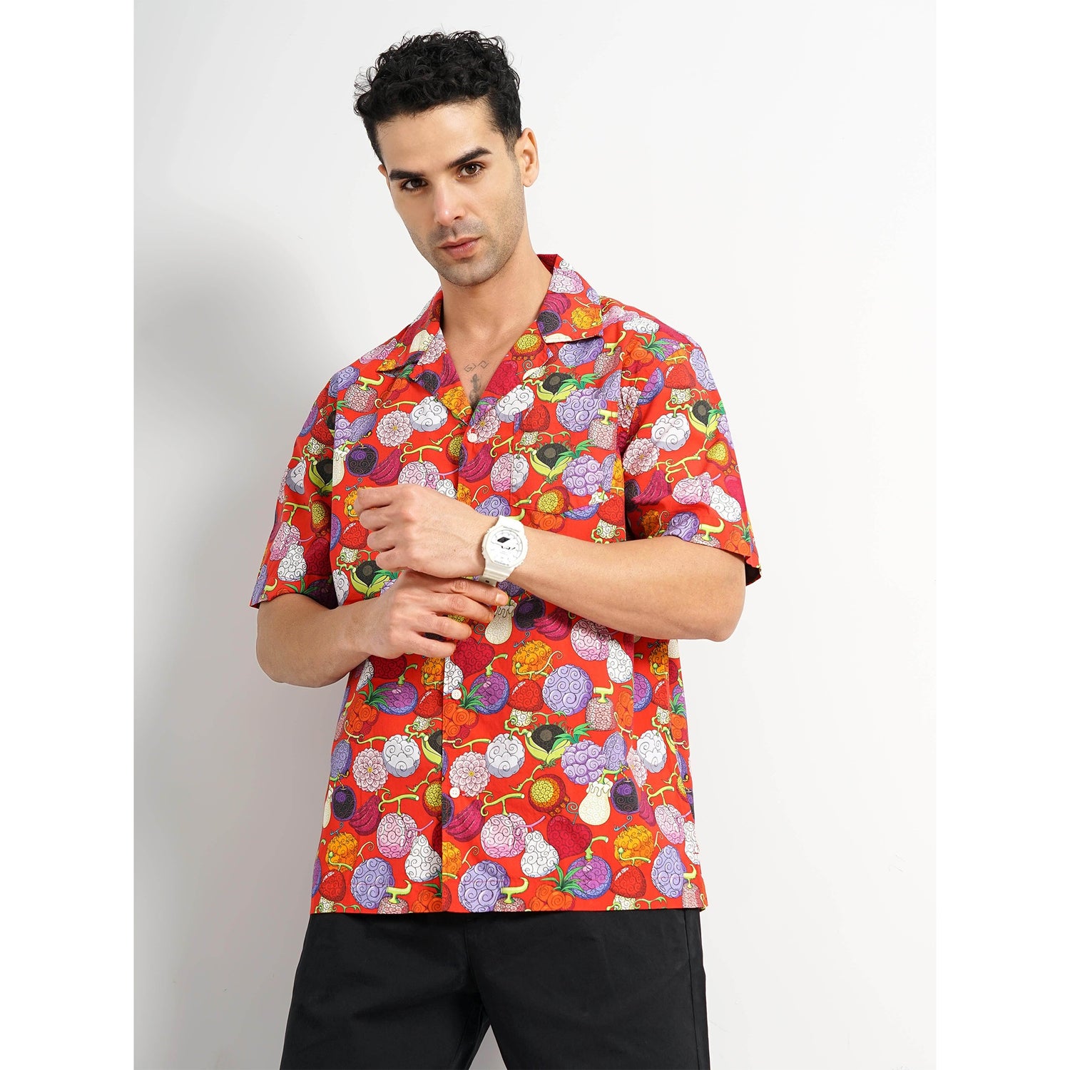 One Piece - Men's Red Printed Regular Fit Cotton Casual Shirt (LDALUFFYIN)