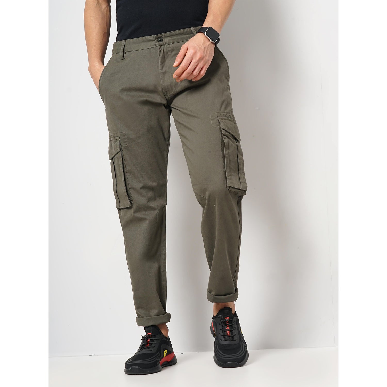 Men's Olive Solid Loose Fit Cotton Cargo Casual Trouser (FORGO)