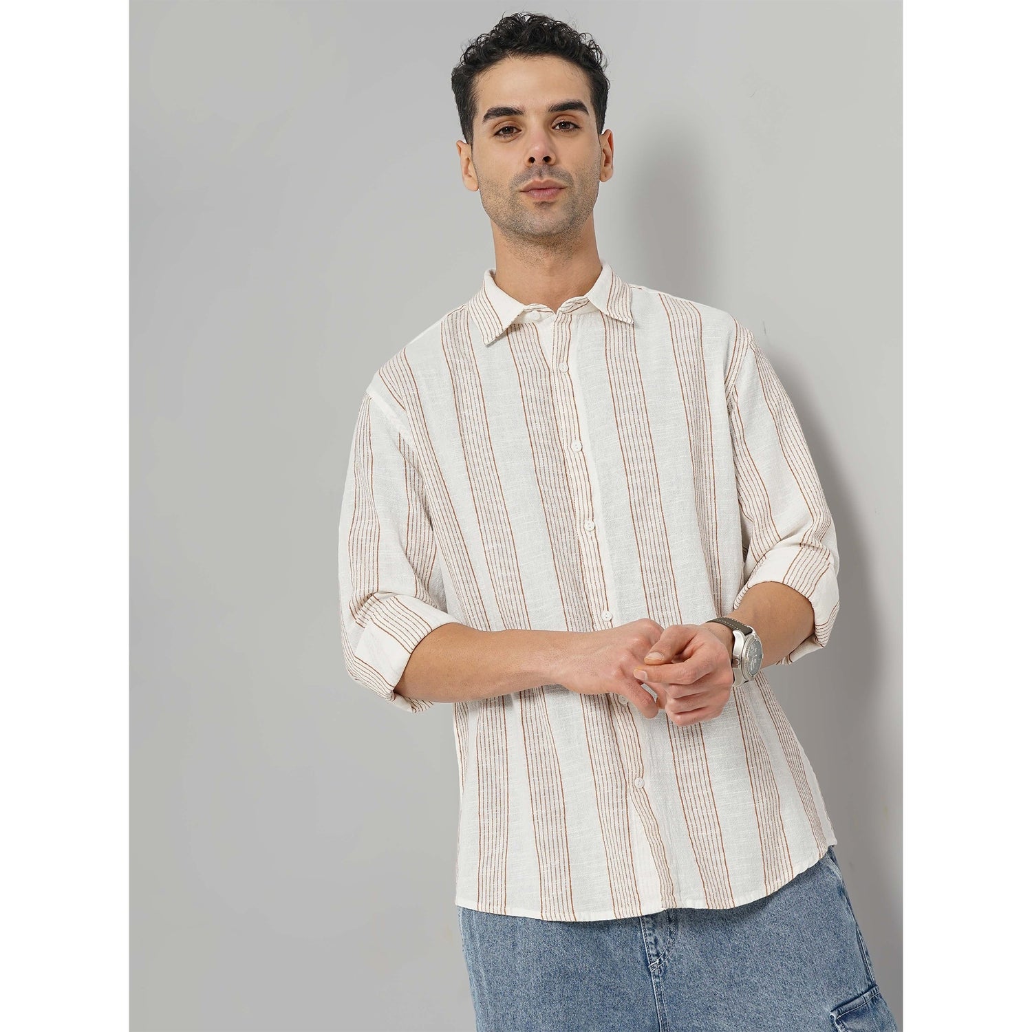 Men's Brown Striped Slim Fit Cotton Casual Shirt (GALESTRIP)