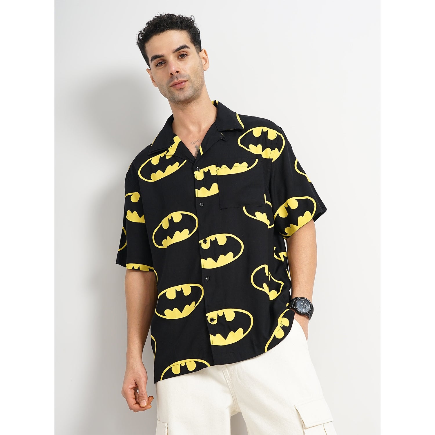 Men's Black Printed Regular Fit Cotton Batman Casual Shirt (LBABATSHIN2)