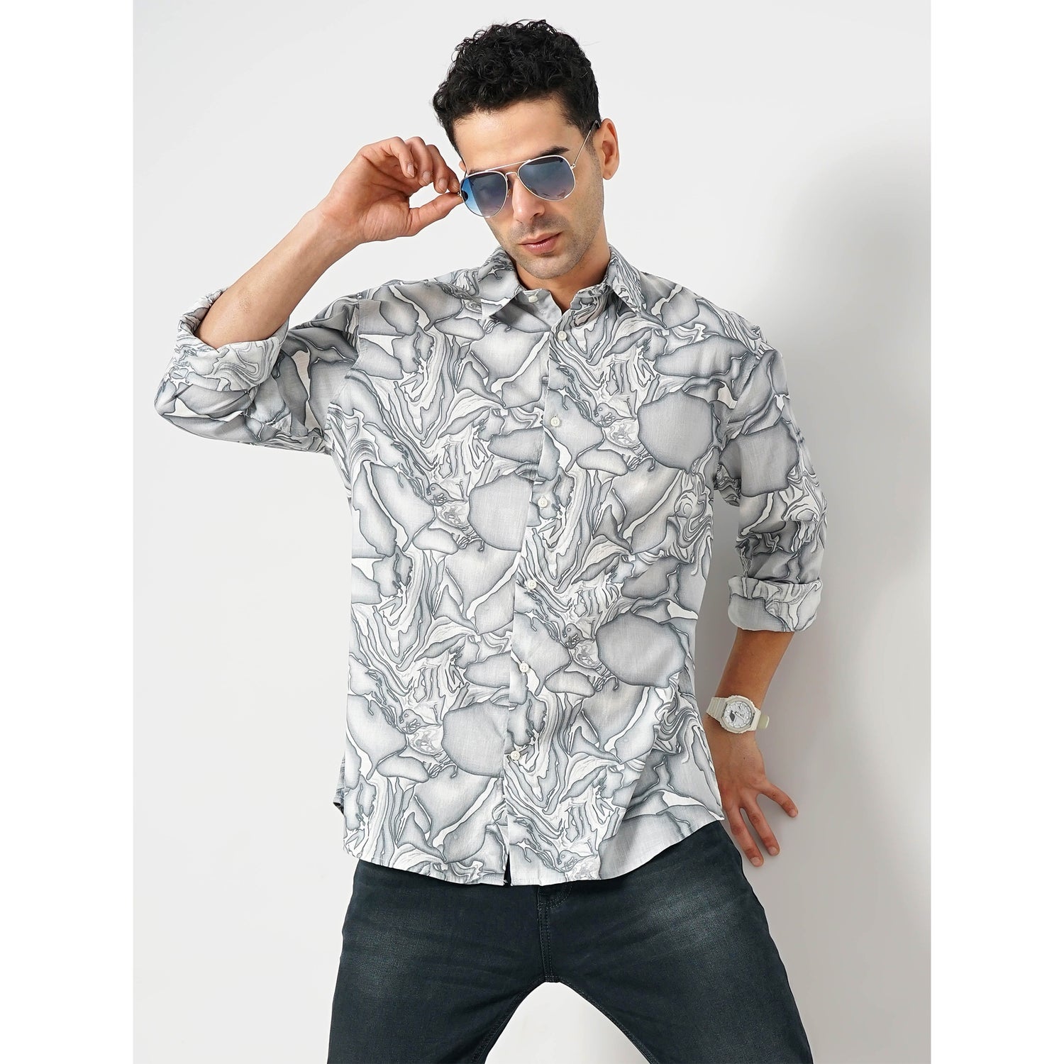 Men's Grey Printed Regular Fit Cotton Fashion Casual Shirt (FAMARBLE)