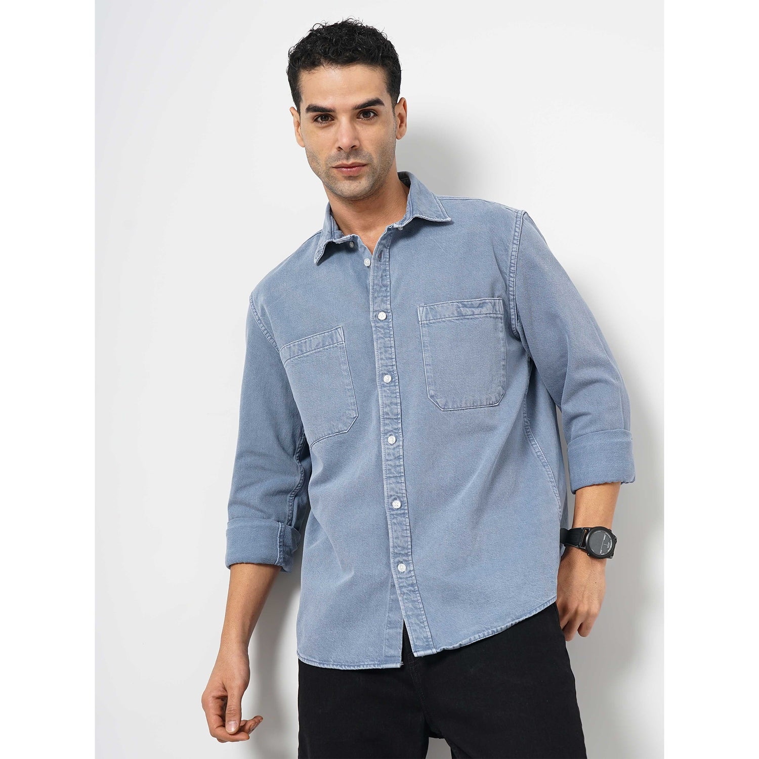Men's Blue Solid Slim Fit Cotton Denim Casual Shirt (GAINDIEIN)