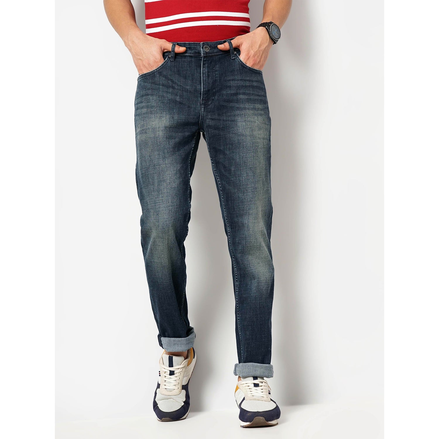 Men's Blue Solid Slim Fit Cotton Jeans (GOCROSS25)