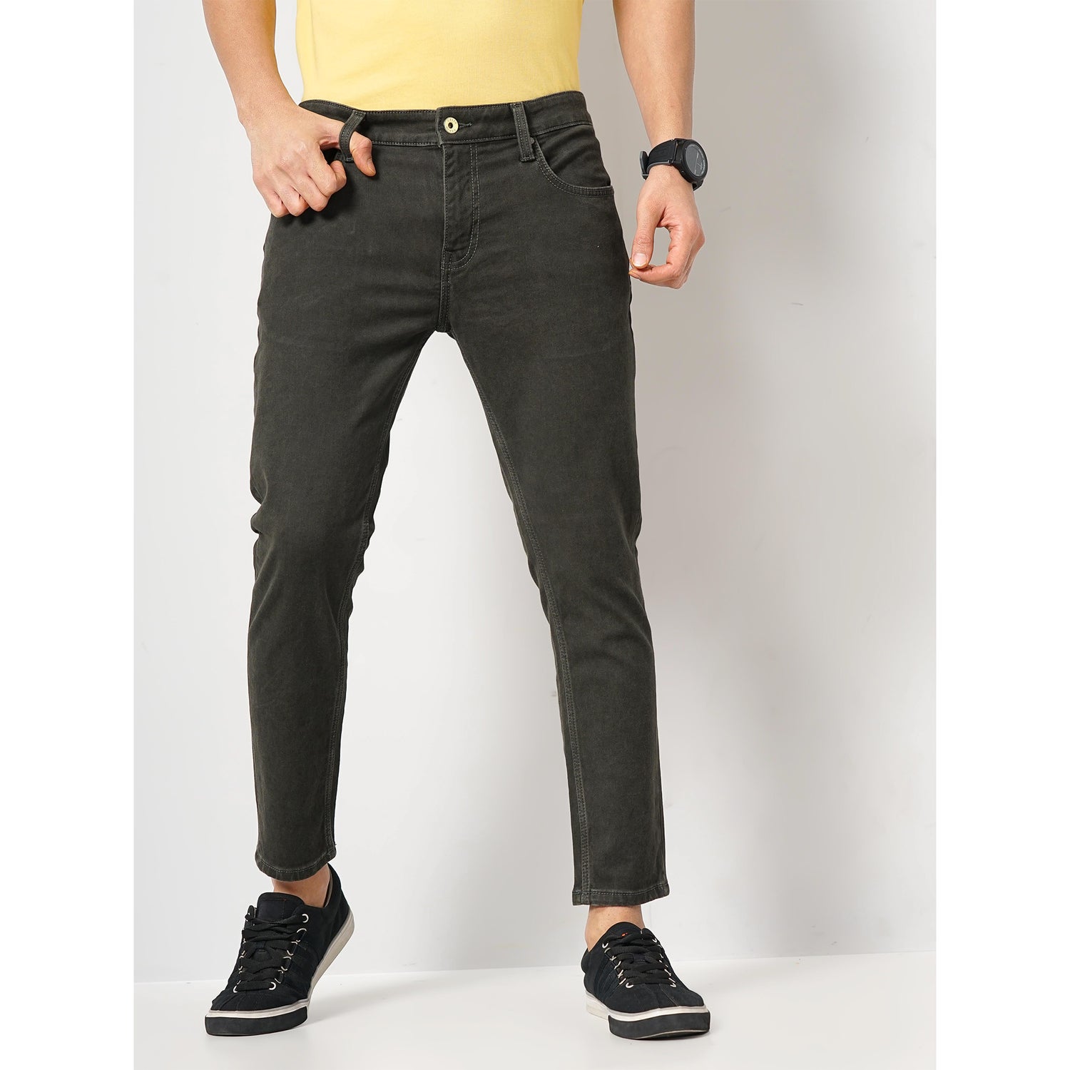 Men's Olive Solid Skinny Fit Cotton Ankle Length Jeans (FOANKLE9)