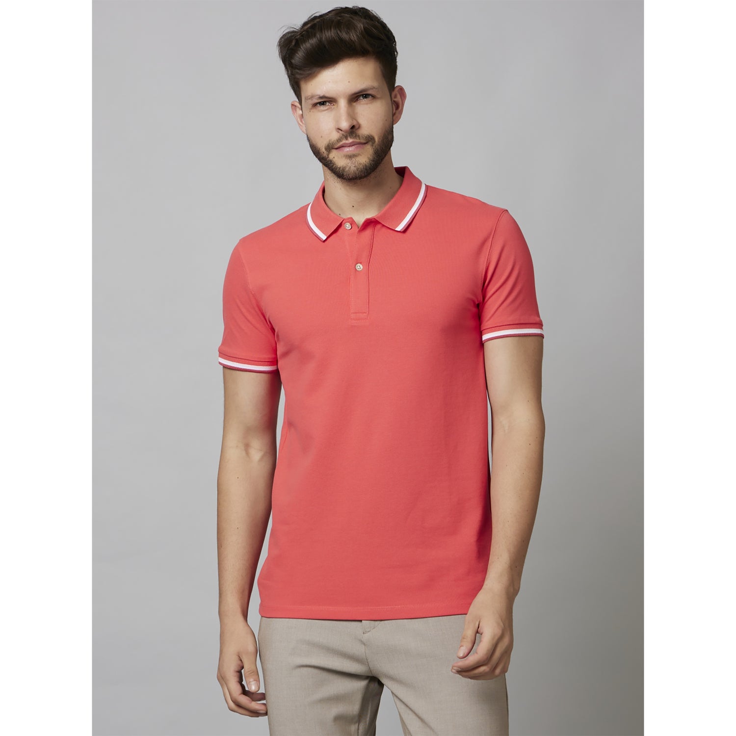 Men's Pink Solid Regular Fit Cotton Polo with Tipping Tshirt (DECOLRAYEBIN)