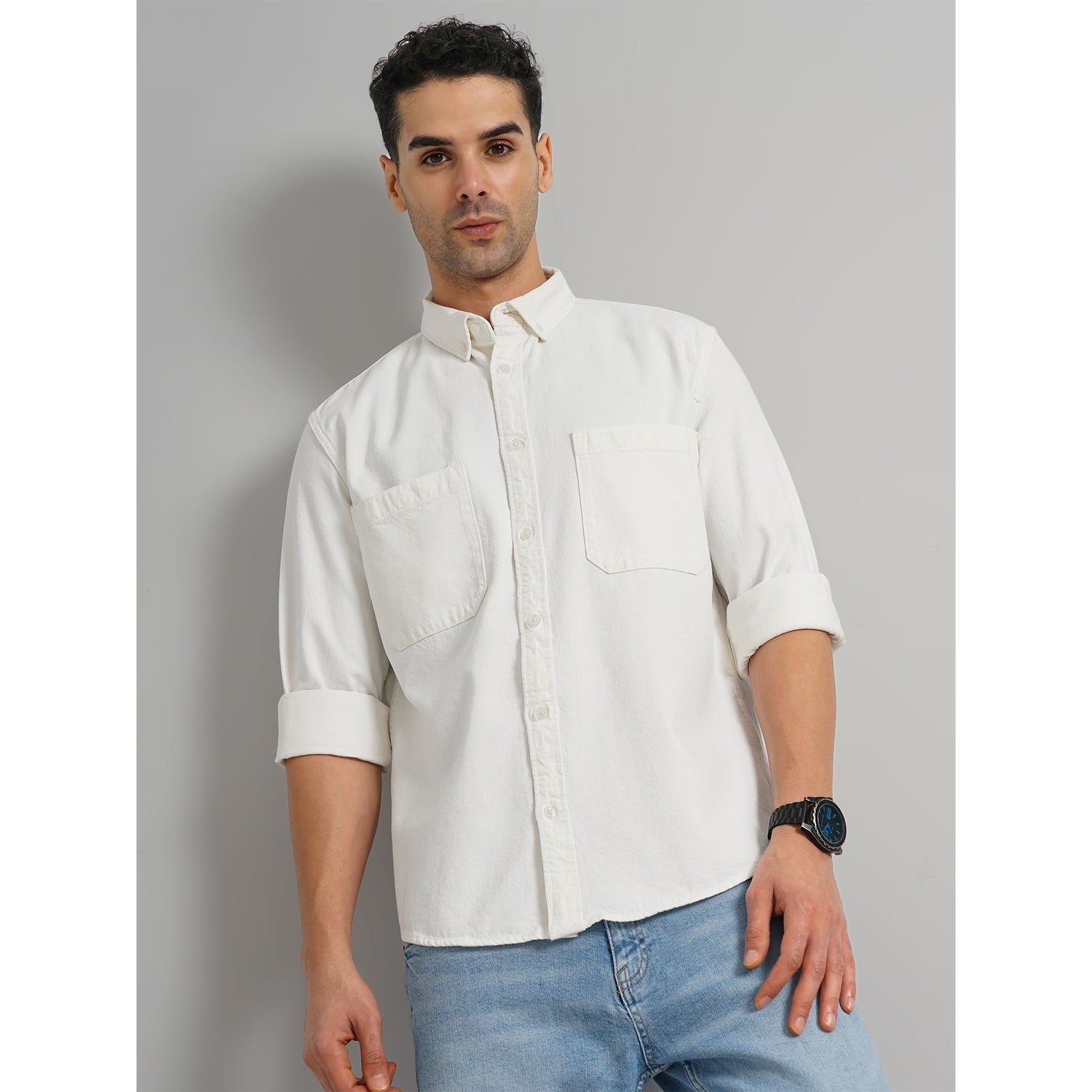 Men's White Solid Slim Fit Cotton Denim Casual Shirt (GAINDIE)