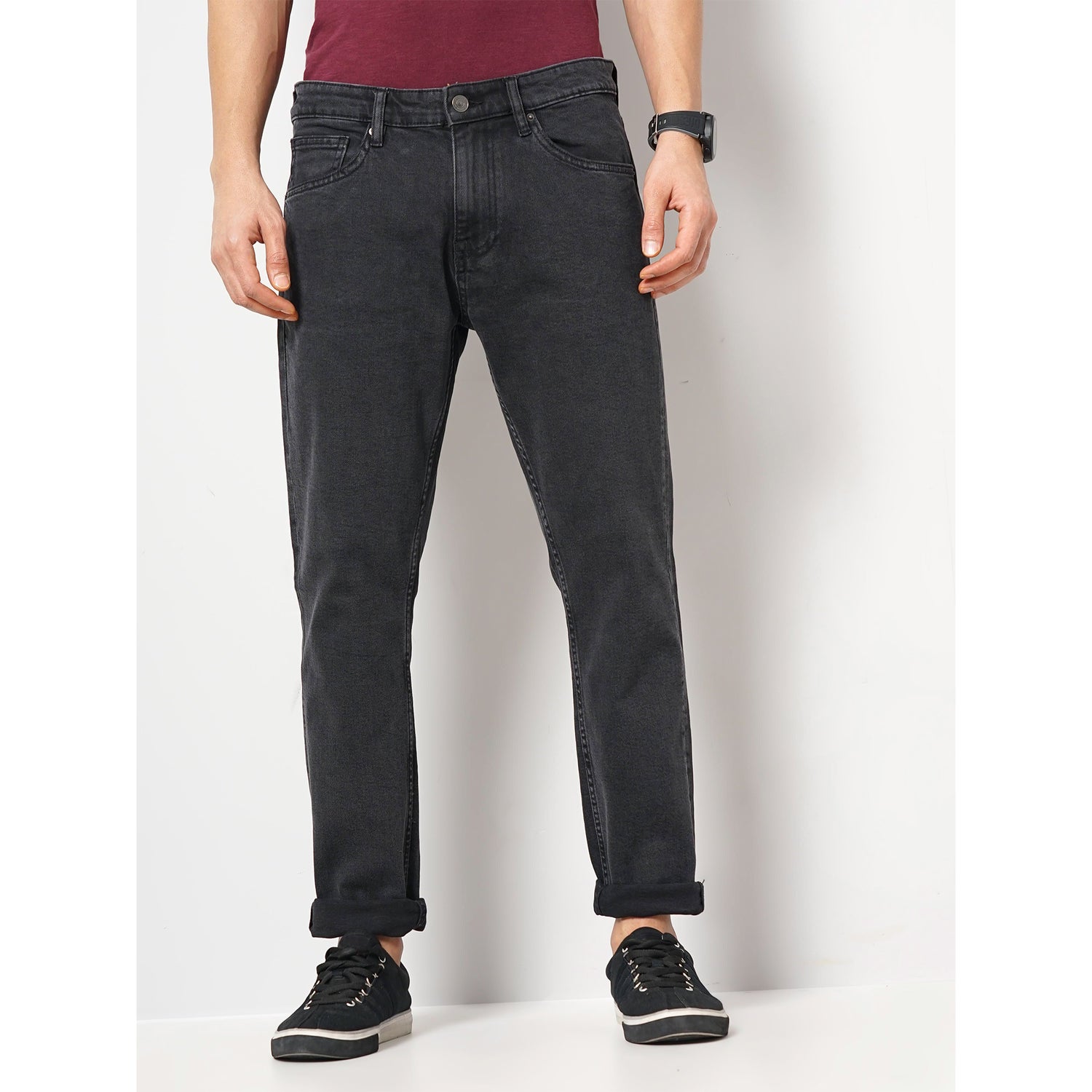 Men's Black Solid Slim Fit Cotton Colored Denim Jeans (GONINETY)