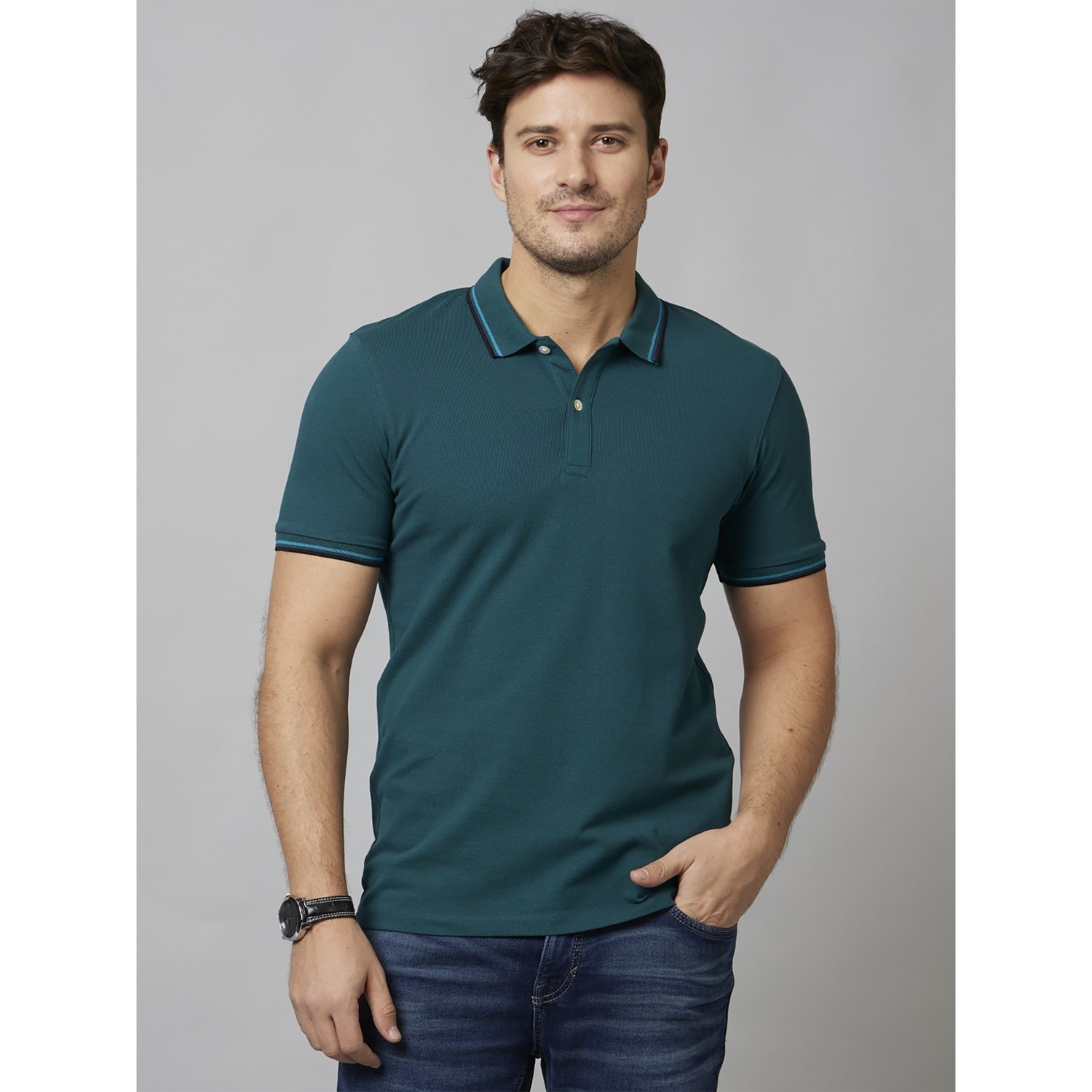 Men's Blue Solid Regular Fit Cotton Polo with Tipping Tshirt (DECOLRAYEBIN)
