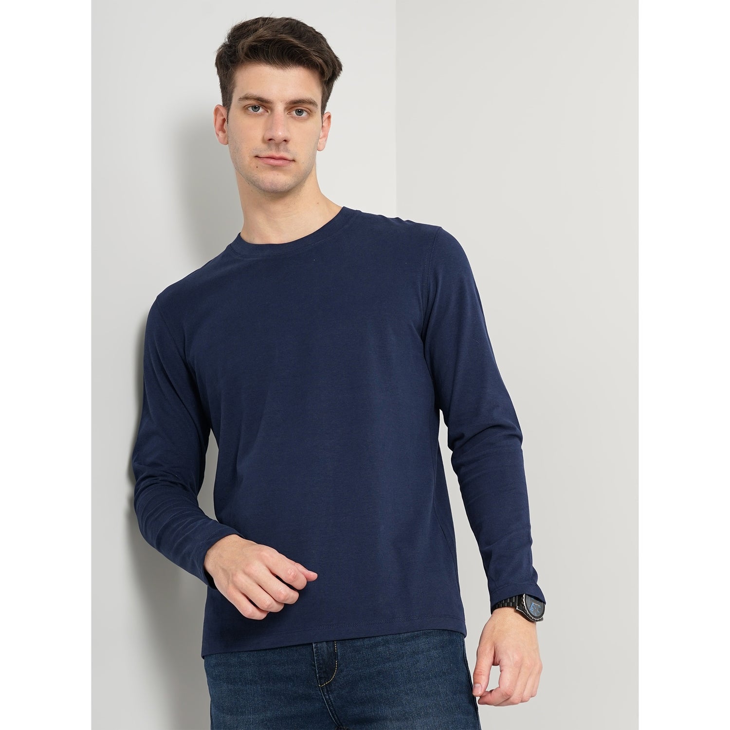 Men's Navy Blue Solid Regular Fit Pure Cotton Jersey Tshirt (CESOLACEMLIN)
