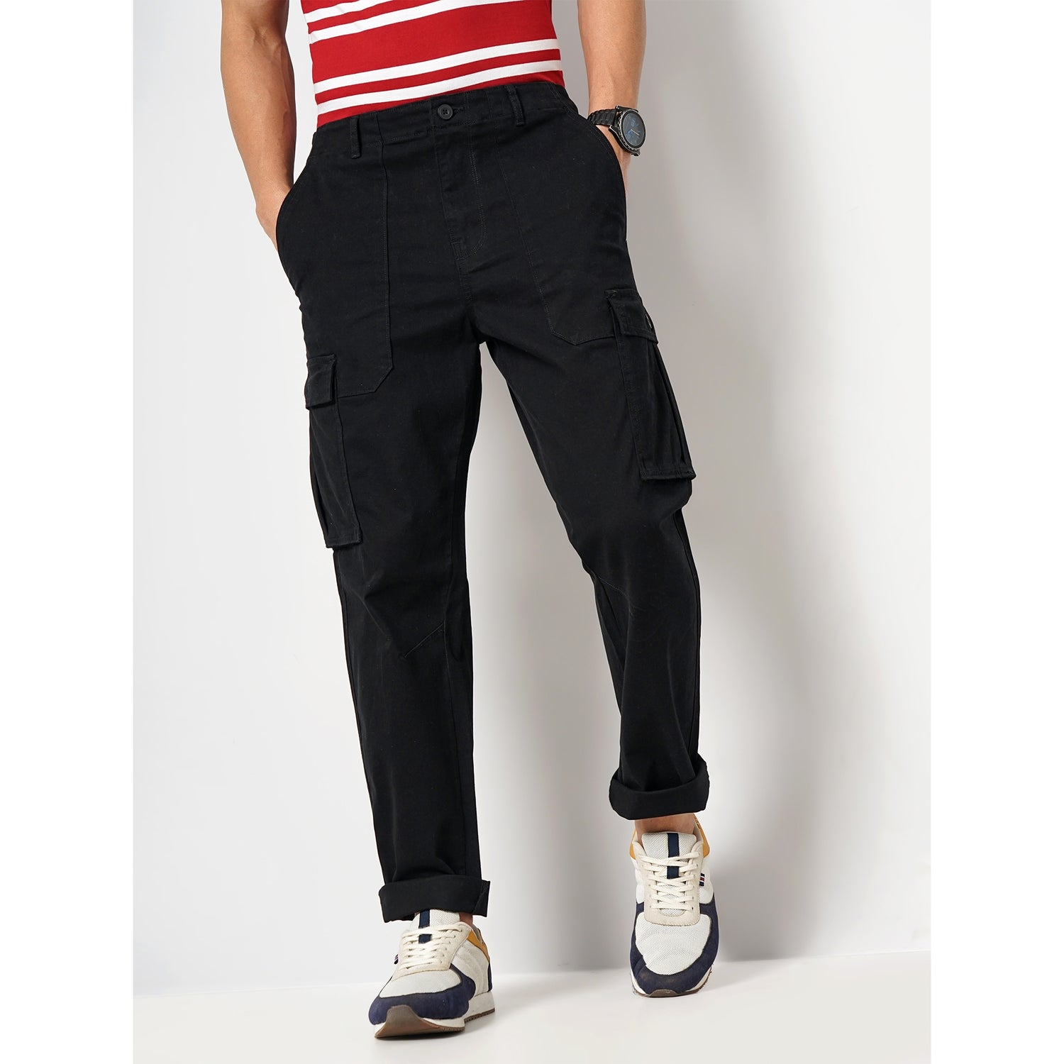 Men's Black Solid Regular Fit Cotton Cargo Casual Trouser (FOCAR)