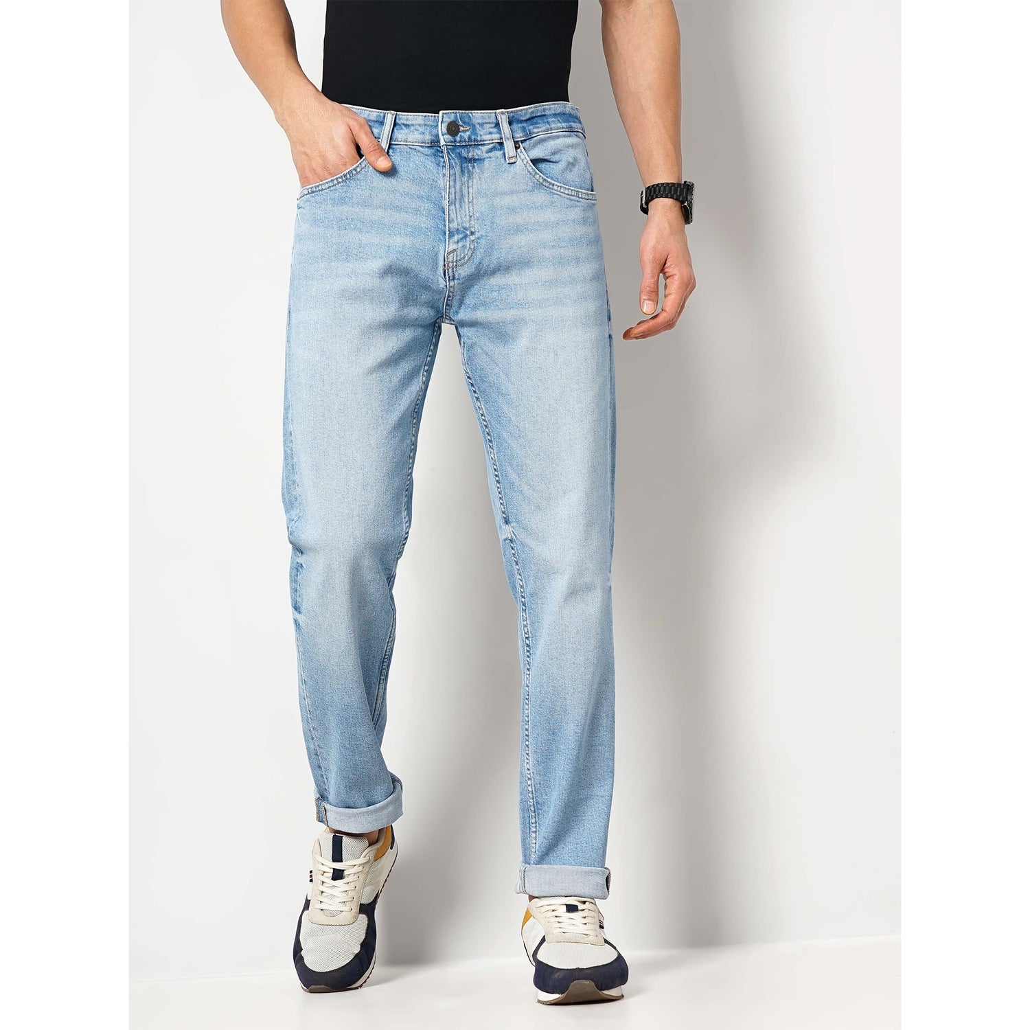 Men's Blue Solid Slim Fit Cotton Colored Denim Jeans (GONINETY)