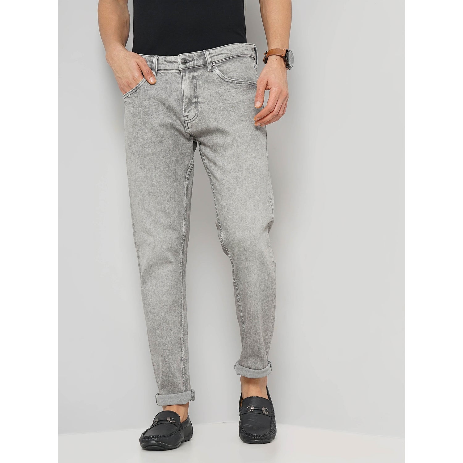 Men's Grey Solid Slim Fit Cotton Colored Denim Jeans (GONINETY)
