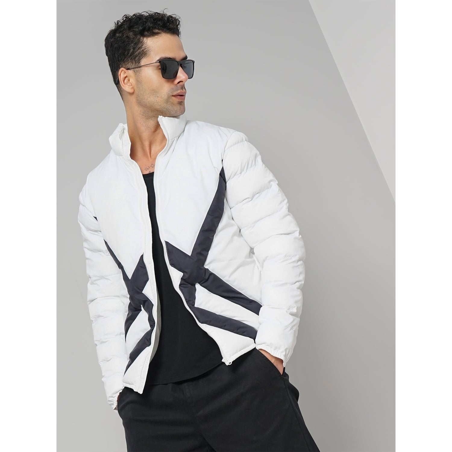 Men's White Printed Regular Fit Polyester Puffy Jacket (FURHOMBUS)